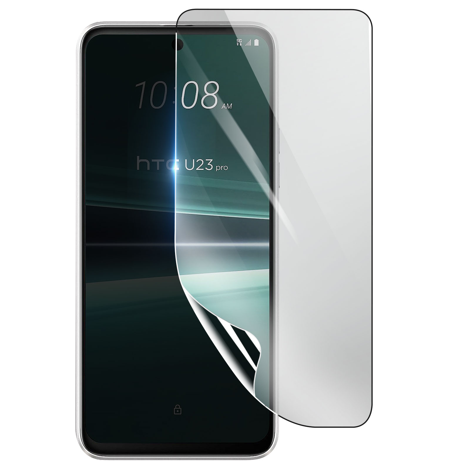 Smartphone HTC U23 pro con protezione schermo applicata. Lo schermo mostra l'ora e il marchio del telefono. La protezione si sta staccando.