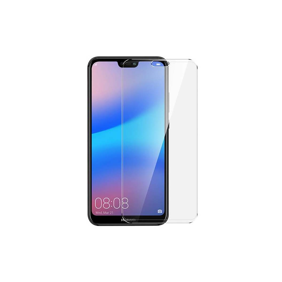 Uno smartphone con una protezione schermo accanto. Il telefono mostra le 08:08. Lo sfondo è bianco.