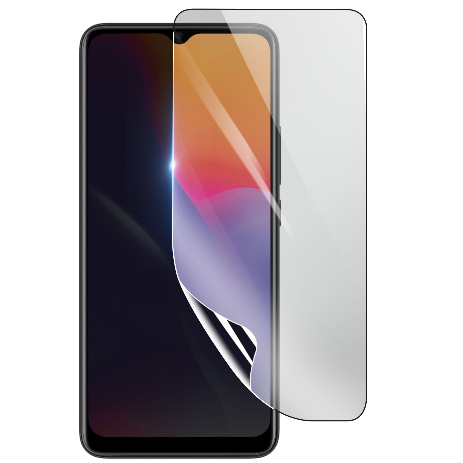 Uno smartphone con una protezione per lo schermo. Lo schermo mostra un design astratto colorato. La protezione è parzialmente staccata.