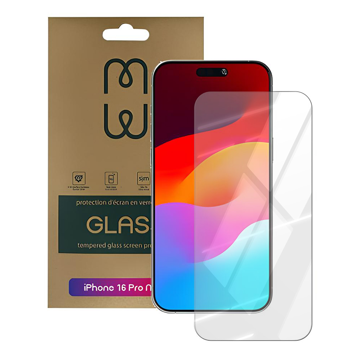 Een smartphone met een schermbeschermer, samen met een verpakking met tekst en logo's. Het scherm heeft een kleurrijke achtergrond.