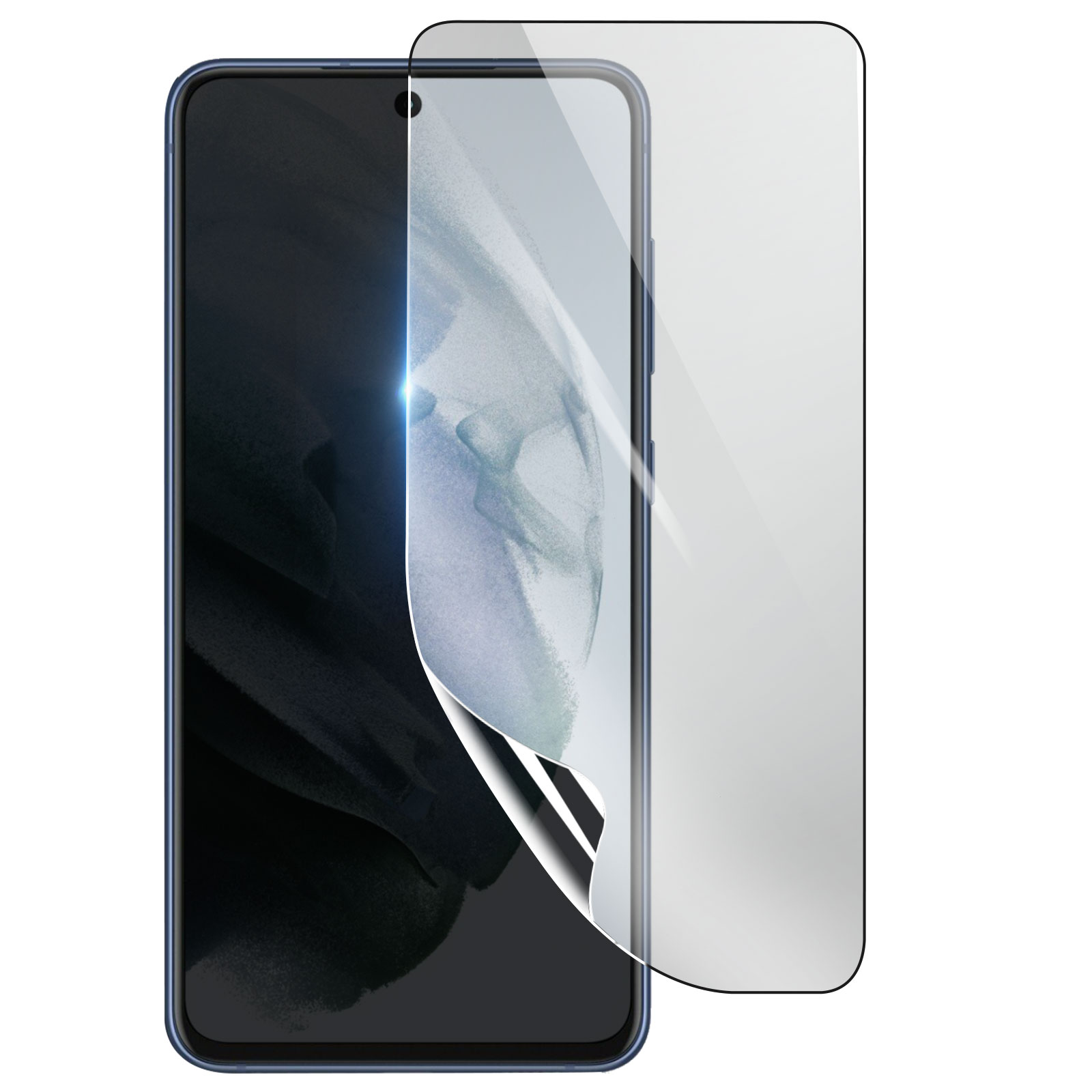 Uno smartphone con una protezione per lo schermo in fase di applicazione. Il telefono è blu con schermo nero. La protezione è trasparente.