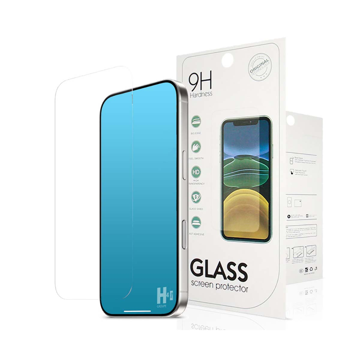 Un set di protezione per schermo per smartphone. Il set include un vetro protettivo e confezione con immagine e dettagli del telefono.