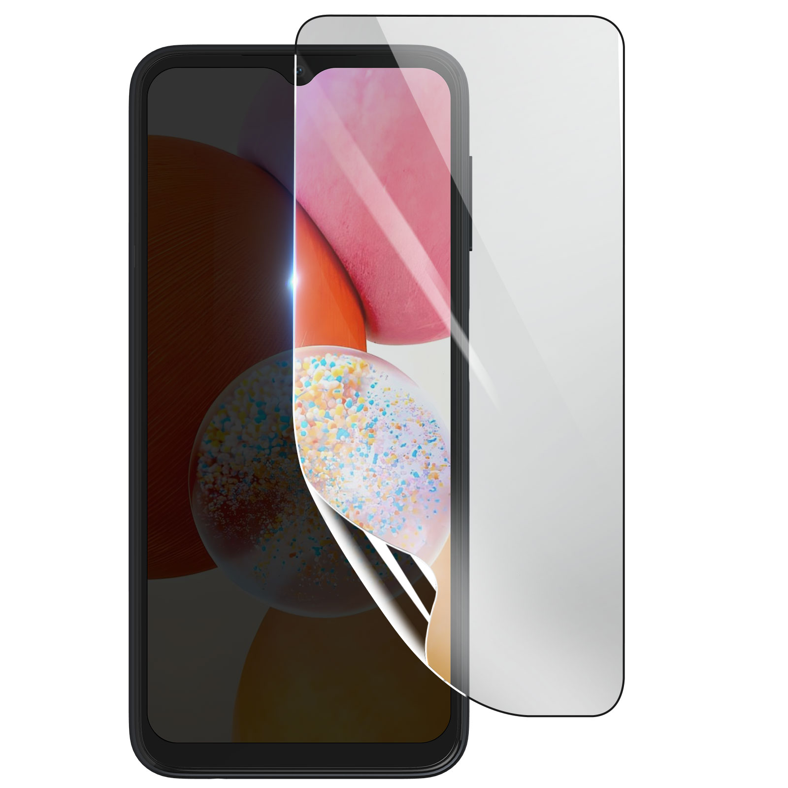 Uno smartphone con una protezione per lo schermo che viene staccata. Lo schermo mostra forme colorate. Il telefono è nero.