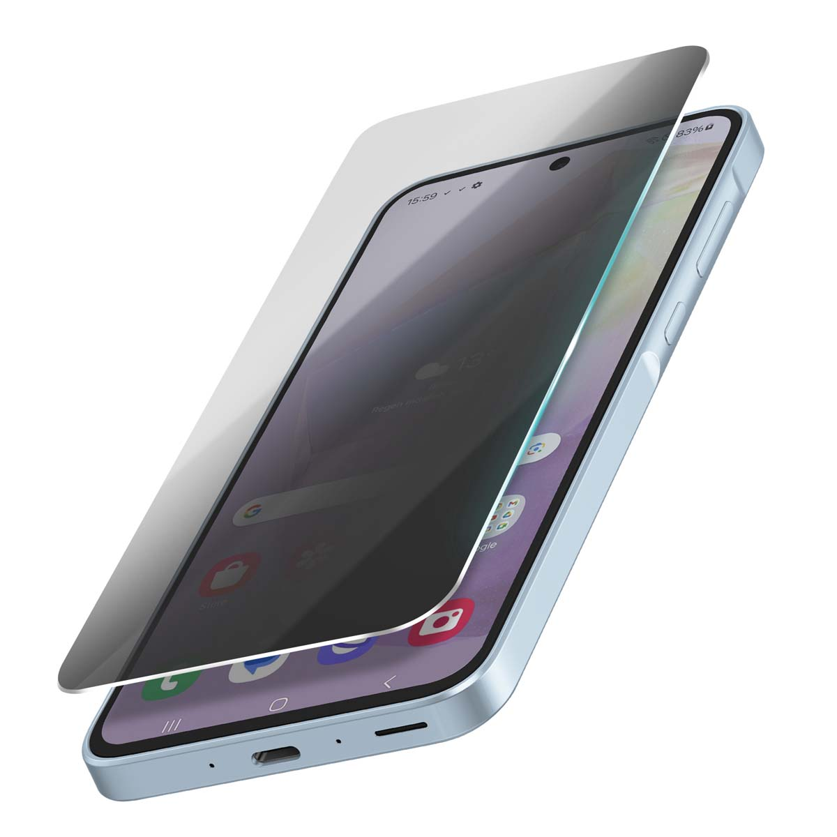 Uno smartphone azzurro con protezione schermo. Lo schermo mostra app e ora. La protezione è leggermente sollevata.