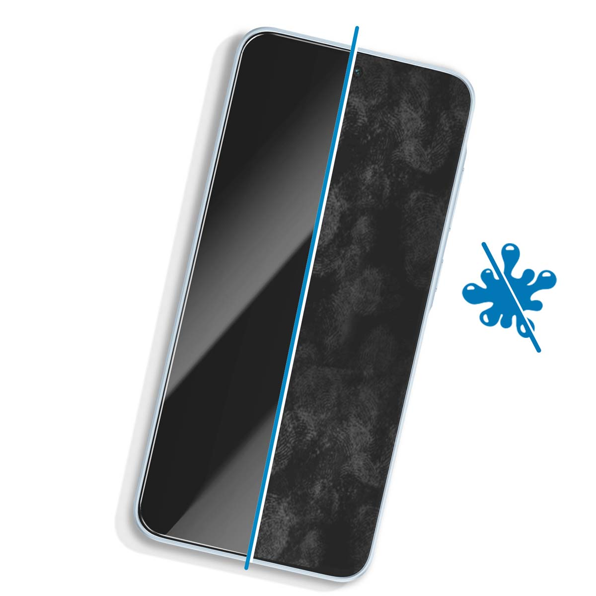 Schermo smartphone con impronte digitali, diviso da una linea. Uno schizzo blu con una linea nell'angolo.