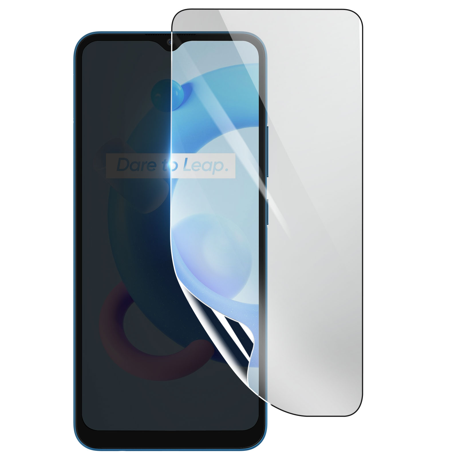 Smartphone blu con protezione schermo in applicazione. Il telefono ha una cornice blu. La protezione schermo è parzialmente staccata.