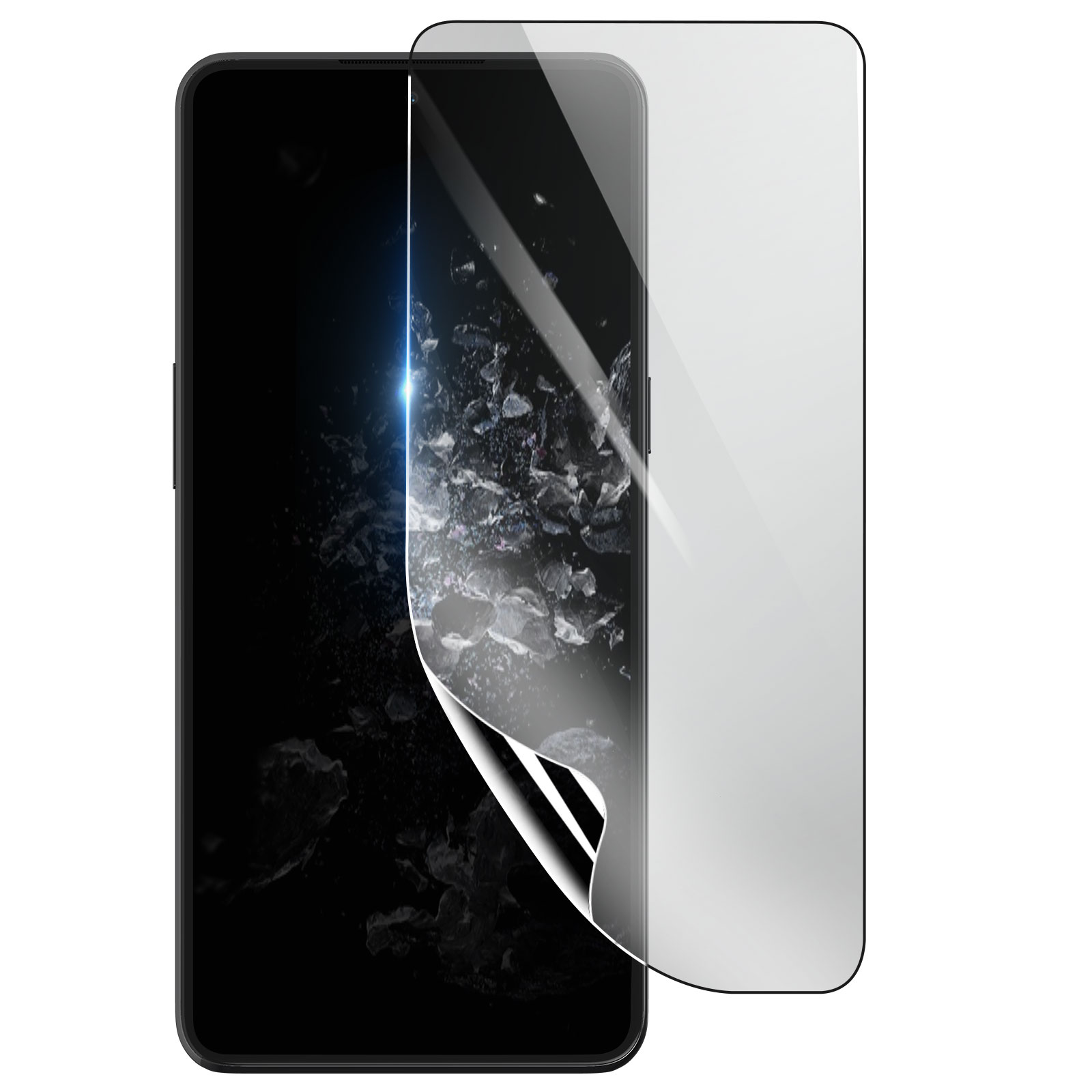 Uno smartphone con una protezione per lo schermo in fase di applicazione. Lo schermo mostra un effetto frantumato. La protezione è parzialmente staccata.