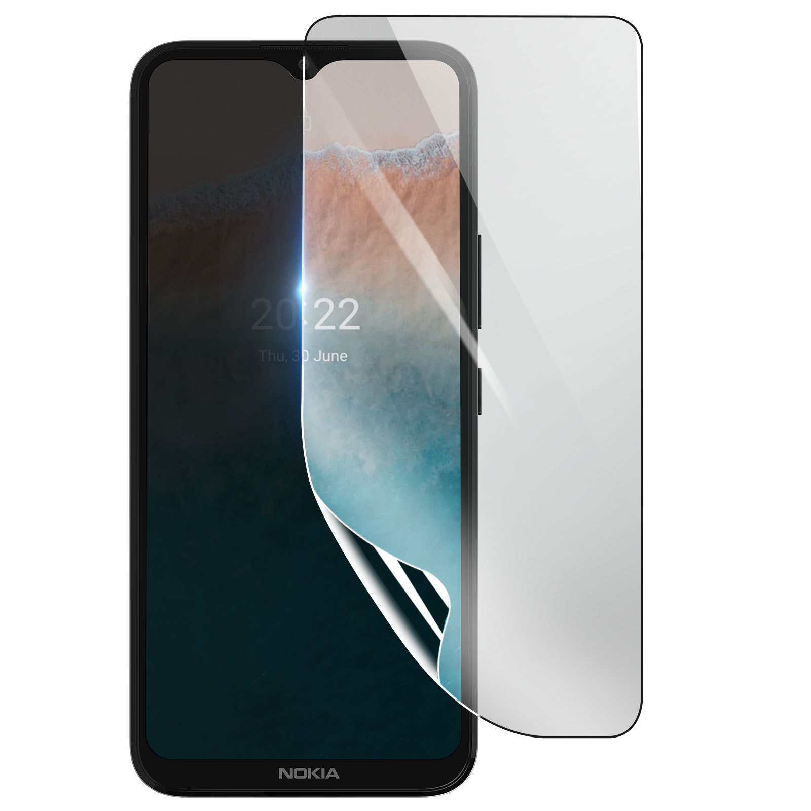 Uno smartphone Nokia con una protezione schermo parzialmente applicata. Lo schermo mostra la data e uno sfondo spiaggia.