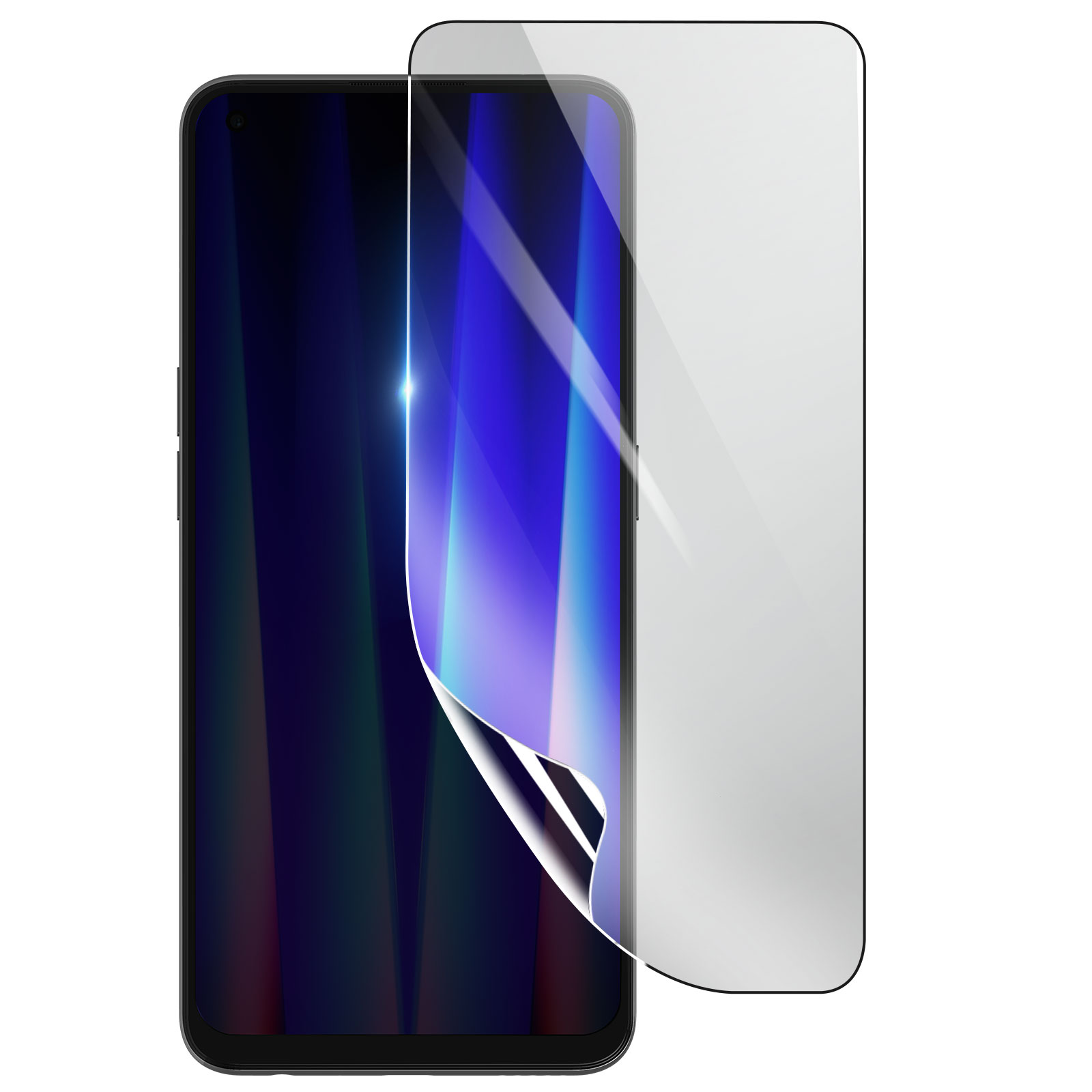 Uno smartphone con una protezione per lo schermo è mostrato. La protezione viene staccata, rivelando un gradiente blu-viola.