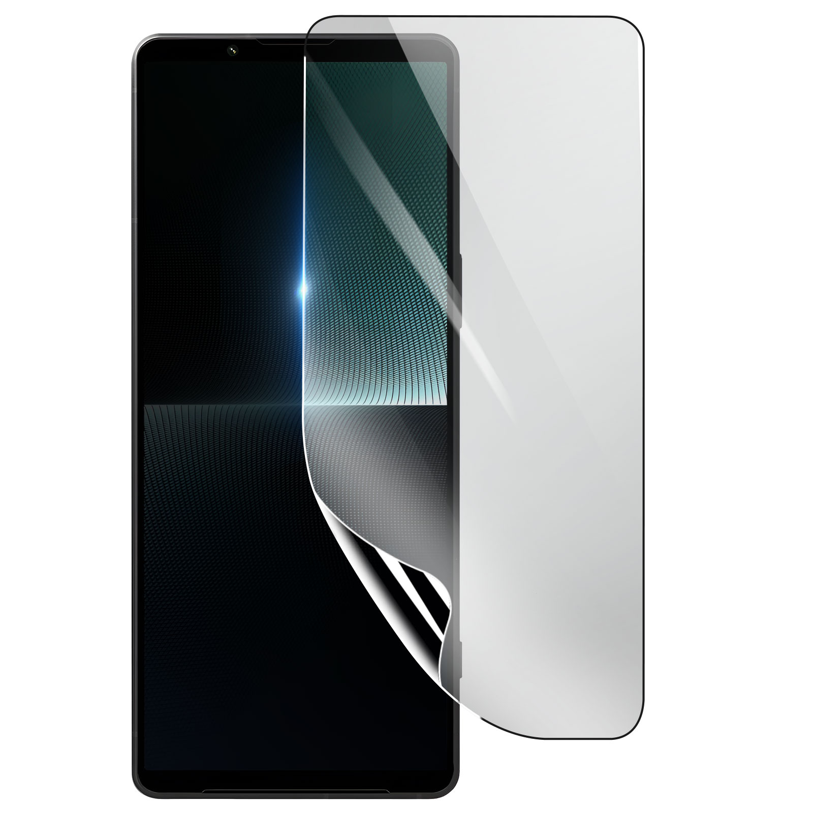 Uno smartphone con una protezione per lo schermo in fase di applicazione. La protezione è parzialmente staccata, rivelando lo schermo. Sfondo bianco.