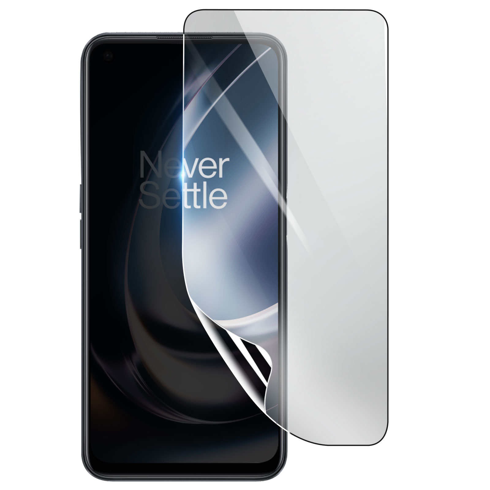 Uno smartphone con una protezione per lo schermo in fase di applicazione. Il telefono è nero e la protezione è parzialmente staccata.