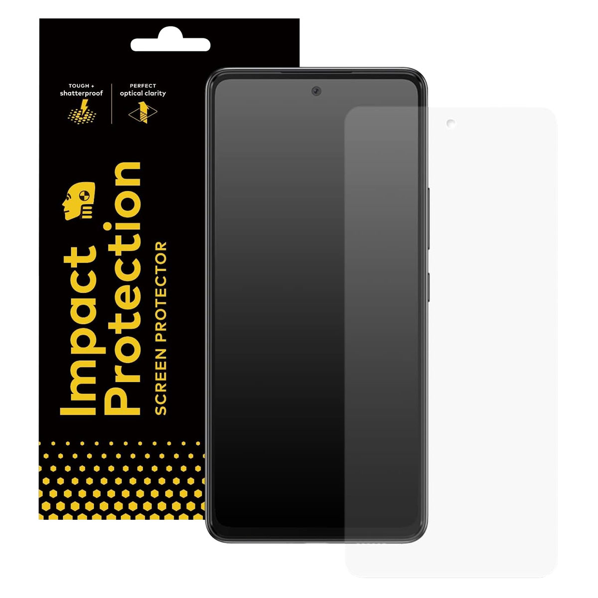 Un kit di protezione schermo per telefono. Telefono nero con protezione, confezione nera con testo giallo e protezione bianca.
