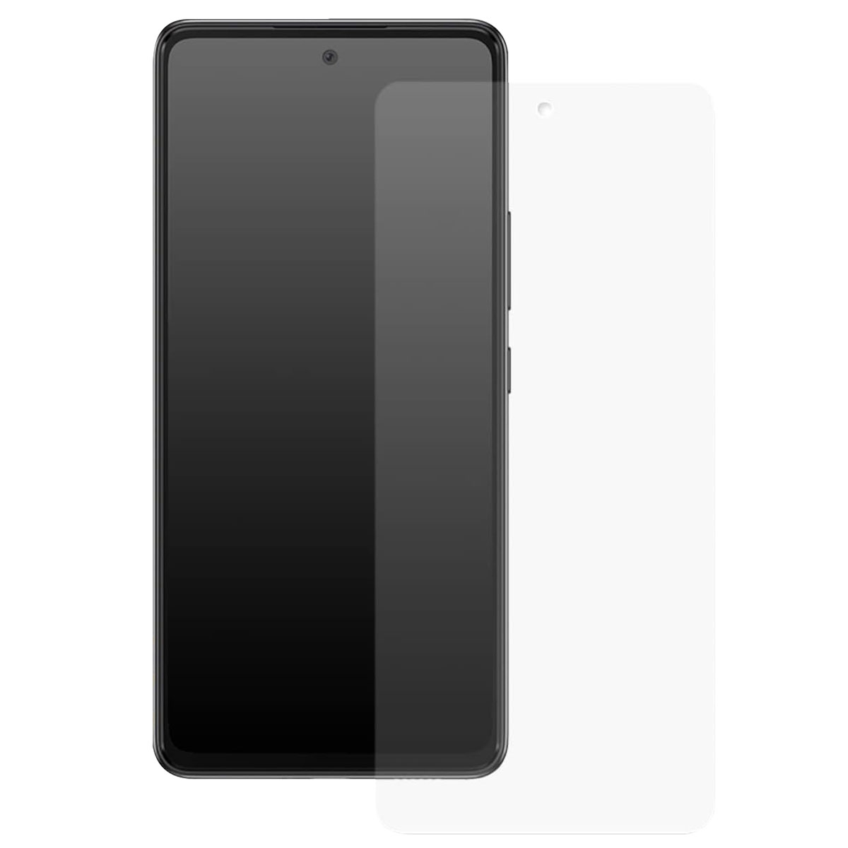 Uno smartphone con una protezione per lo schermo. Il telefono è nero, la protezione è trasparente e accanto. Fotocamera e pulsanti visibili.