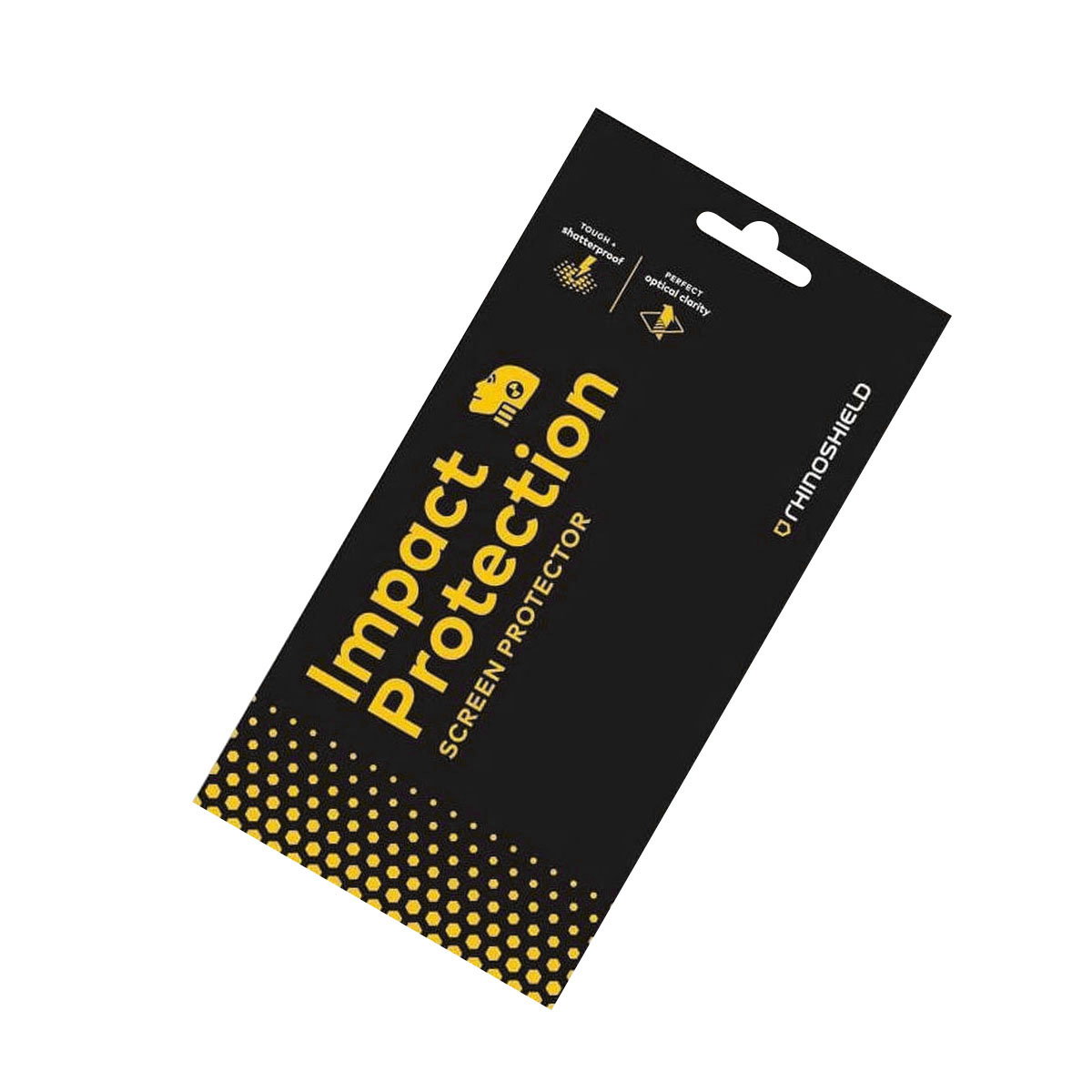 Una confezione di protezione per schermo nera e gialla. Il testo dice 'Impact Protection, Screen Protector e Rhinoshield'. Su sfondo bianco.