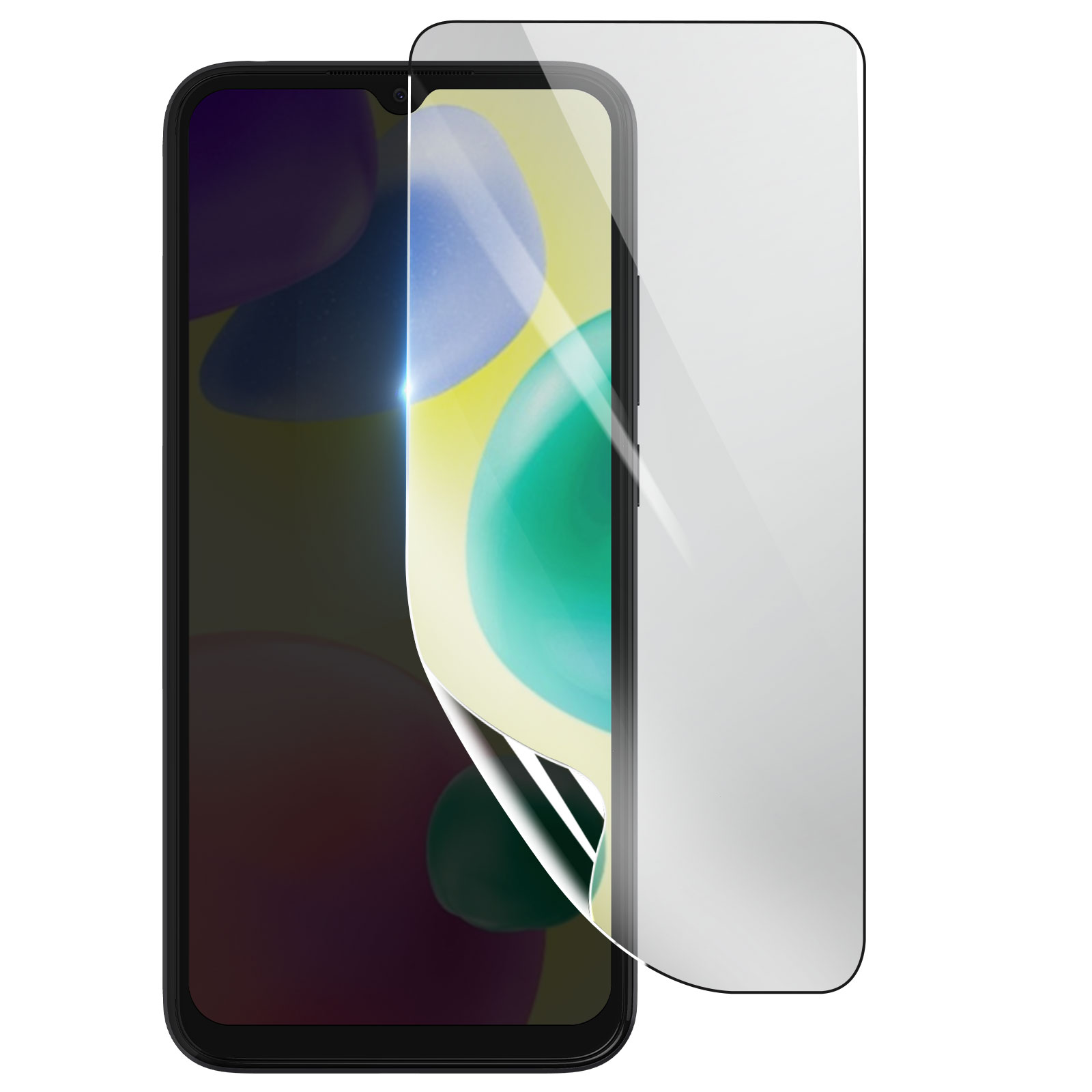 Si mostra uno smartphone con una protezione per lo schermo. La protezione è parzialmente staccata, rivelando lo schermo.