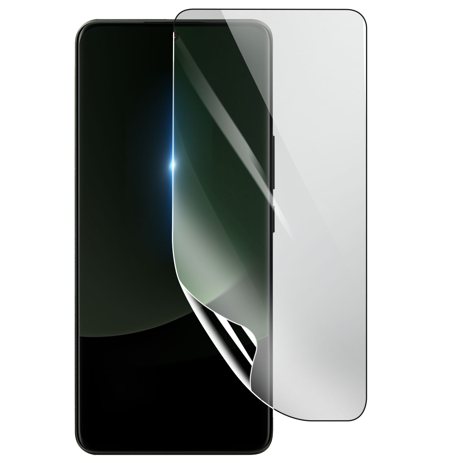Uno smartphone con una protezione per lo schermo in fase di applicazione. Il telefono è nero e la protezione è parzialmente staccata.