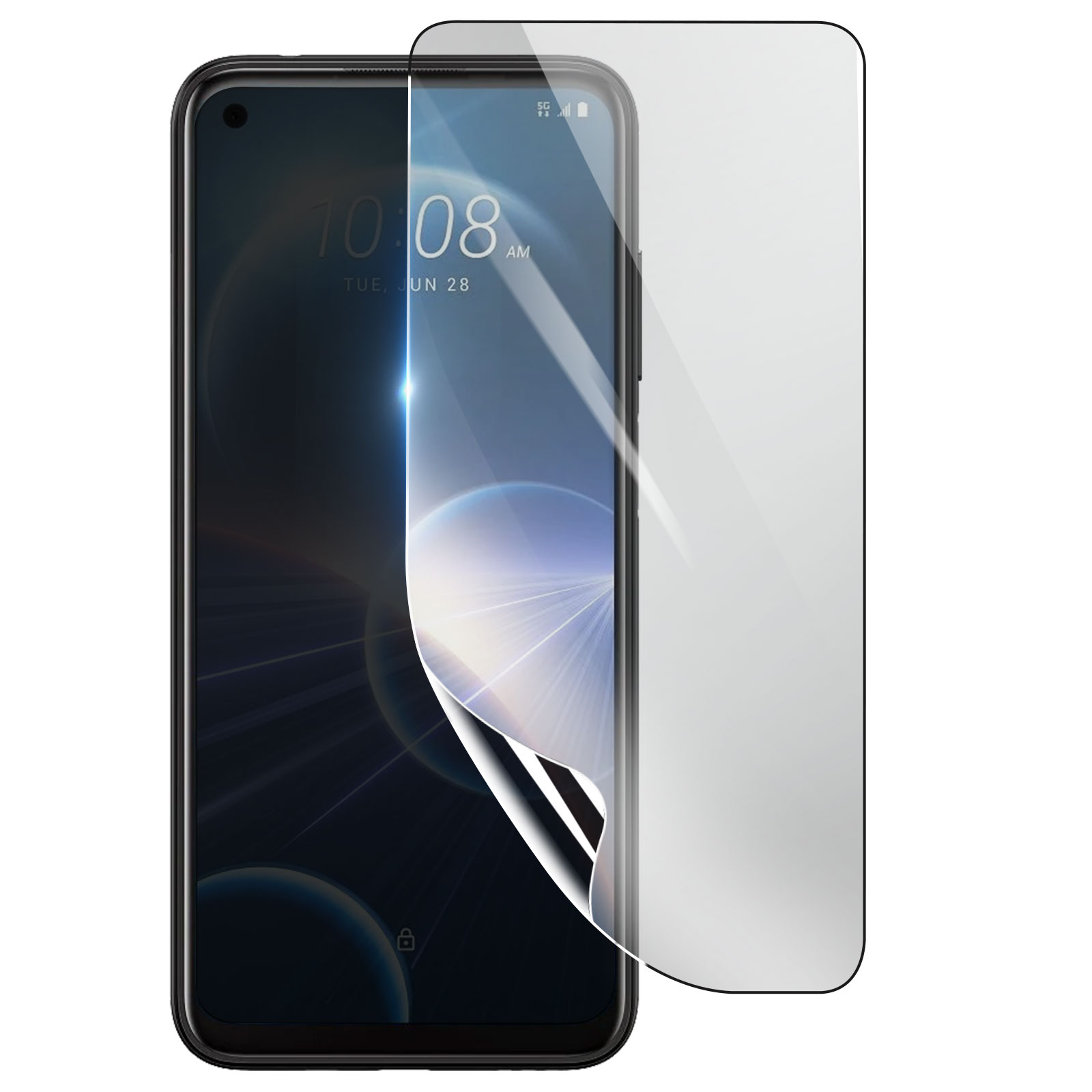 Uno smartphone con una protezione per lo schermo in fase di applicazione. Lo schermo mostra l'ora e la data. La protezione è parzialmente staccata.