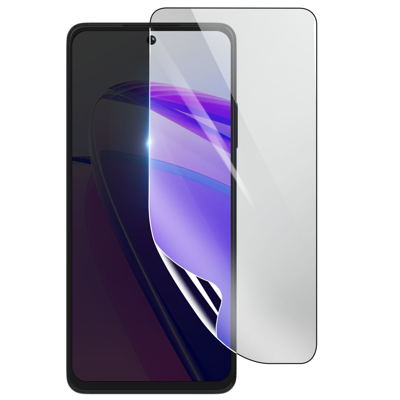 Uno smartphone con un proteggi schermo in fase di applicazione. Il telefono è nero, il proteggi schermo è trasparente. Design viola sullo schermo.