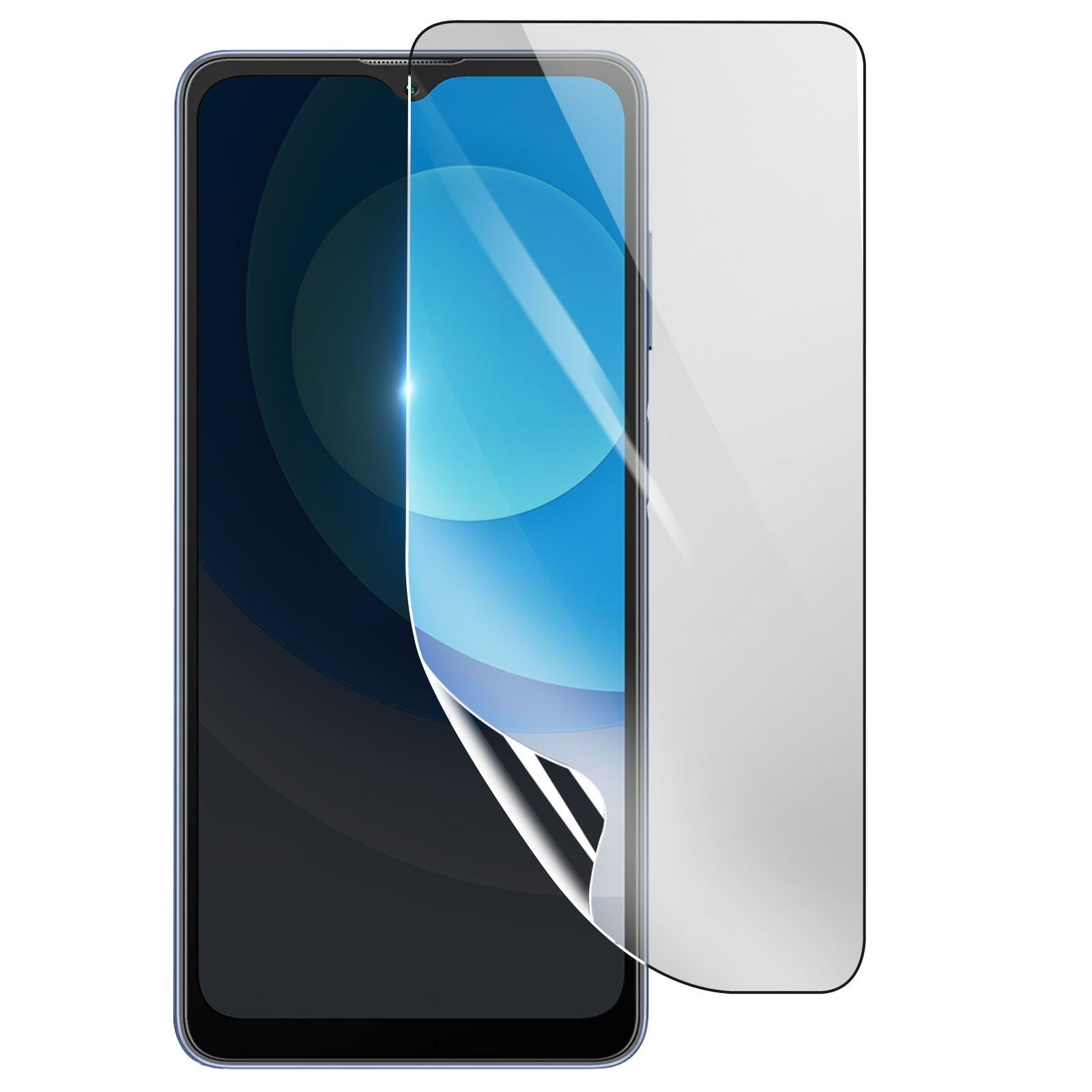 Uno smartphone con una protezione per lo schermo in fase di applicazione. La protezione è parzialmente staccata.