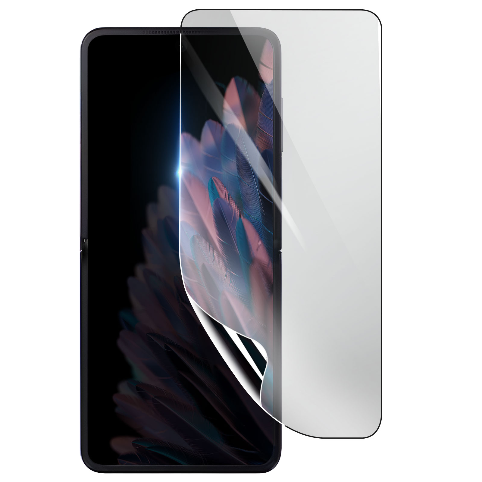 Un telefono pieghevole con una protezione schermo che si stacca. Il telefono è nero con un design colorato a forma di piuma.