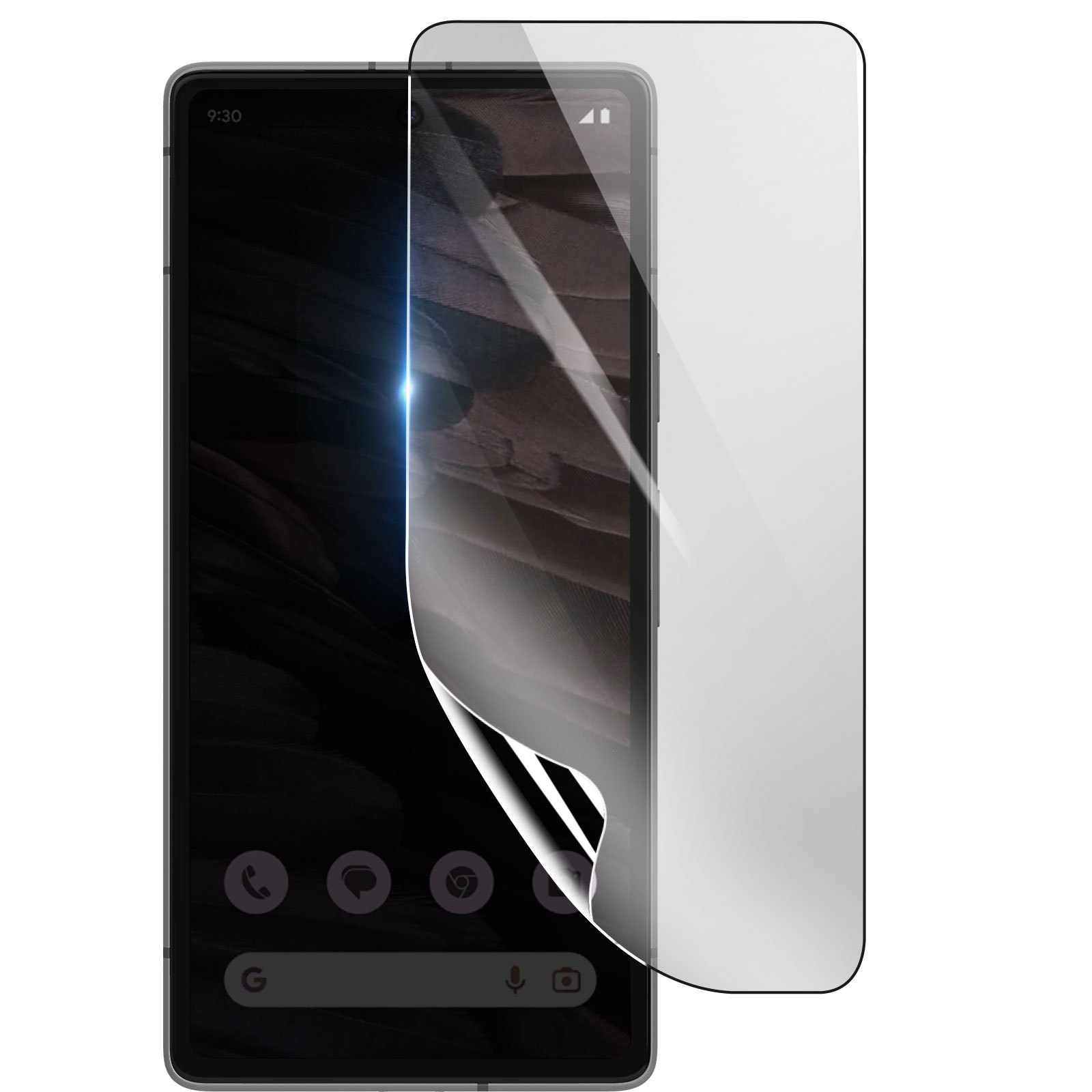 Smartphone con protezione schermo. La protezione si stacca. Schermo nero con icone. Sfondo bianco.