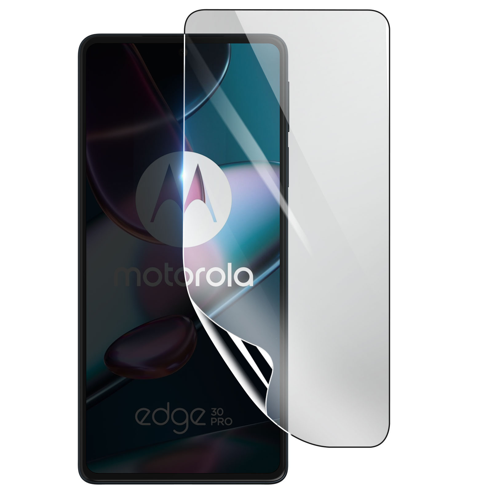 Telefono Motorola Edge 30 Pro con protezione schermo applicata. Il telefono è nero con una protezione schermo trasparente.