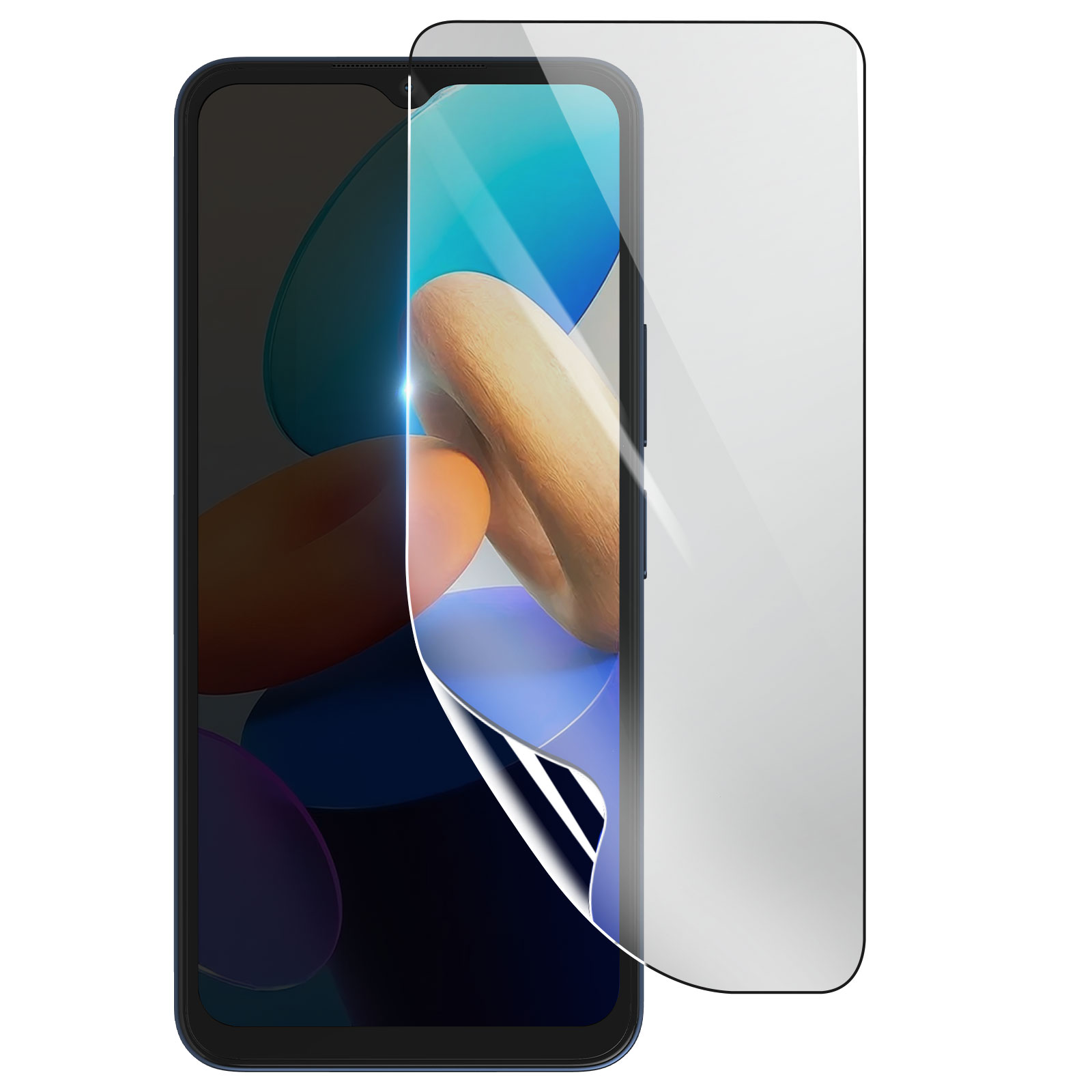 Uno smartphone con una protezione per lo schermo applicata. Lo schermo mostra colori astratti. La protezione è parzialmente staccata.