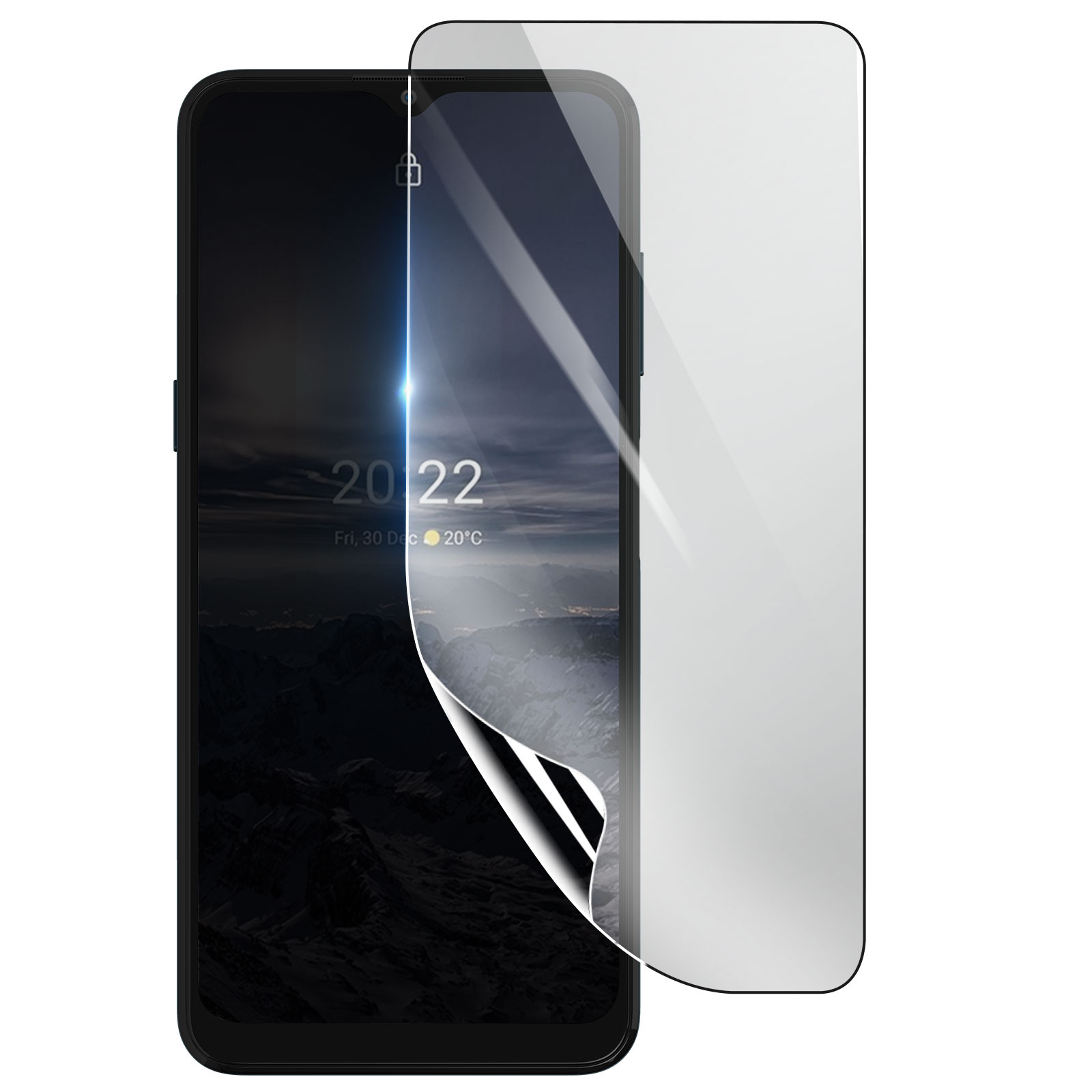 Uno smartphone nero con una protezione schermo parzialmente staccata, che mostra la data. Sfondo bianco.