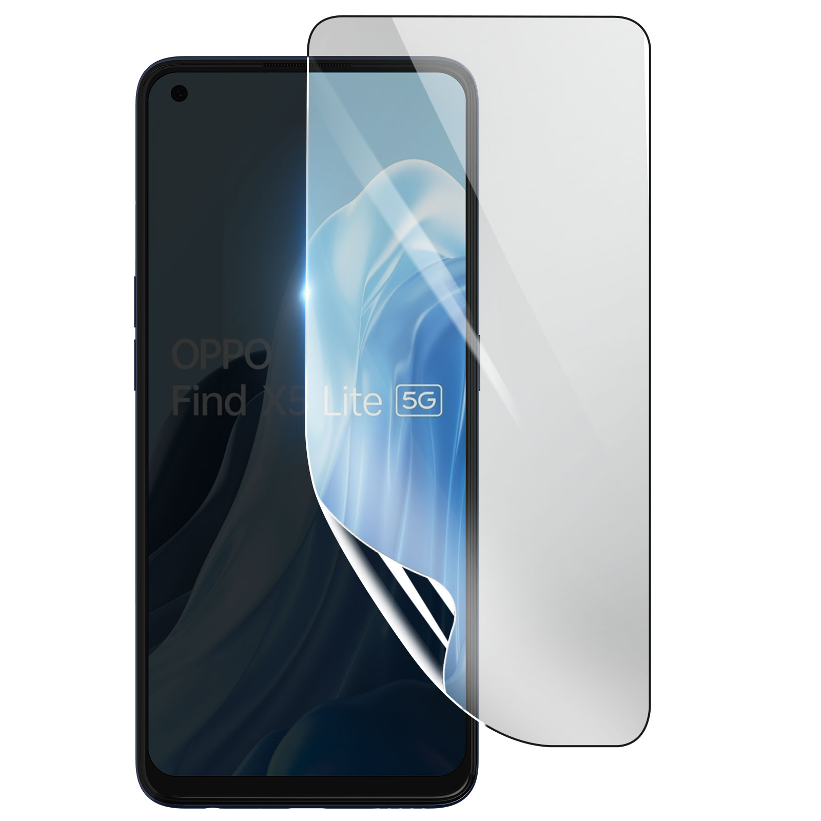 Viene mostrato uno smartphone con una protezione per lo schermo. Il telefono è blu con il testo OPPO Find X5 Lite 5G. La protezione si sta staccando.
