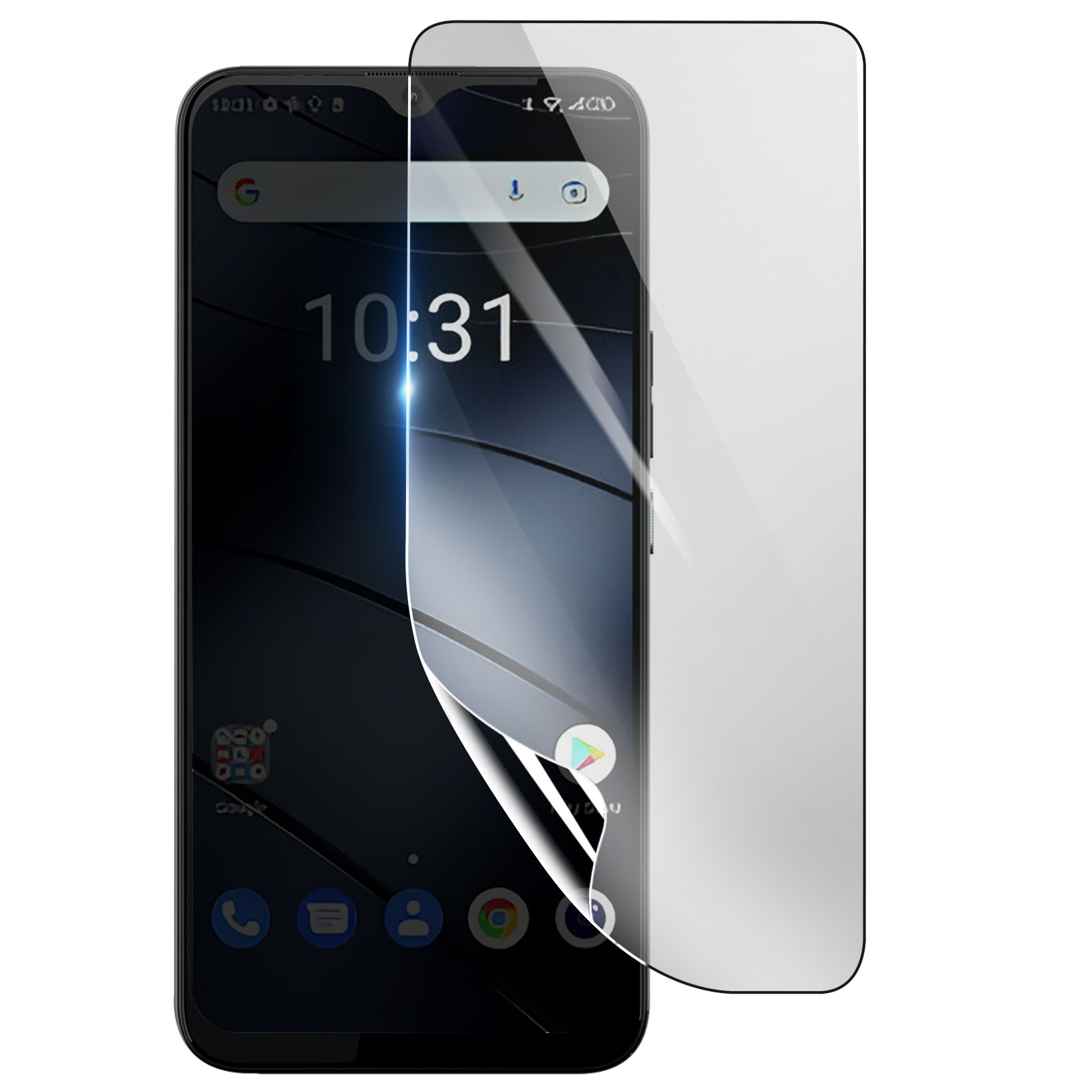 Uno smartphone con una protezione per lo schermo in fase di applicazione. Lo schermo mostra l'ora 10:31. La protezione è parzialmente staccata.