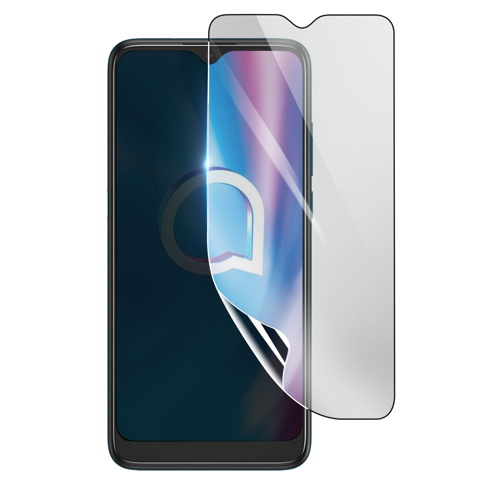 Uno smartphone con una protezione per lo schermo applicata. Il telefono è nero, la protezione è trasparente.