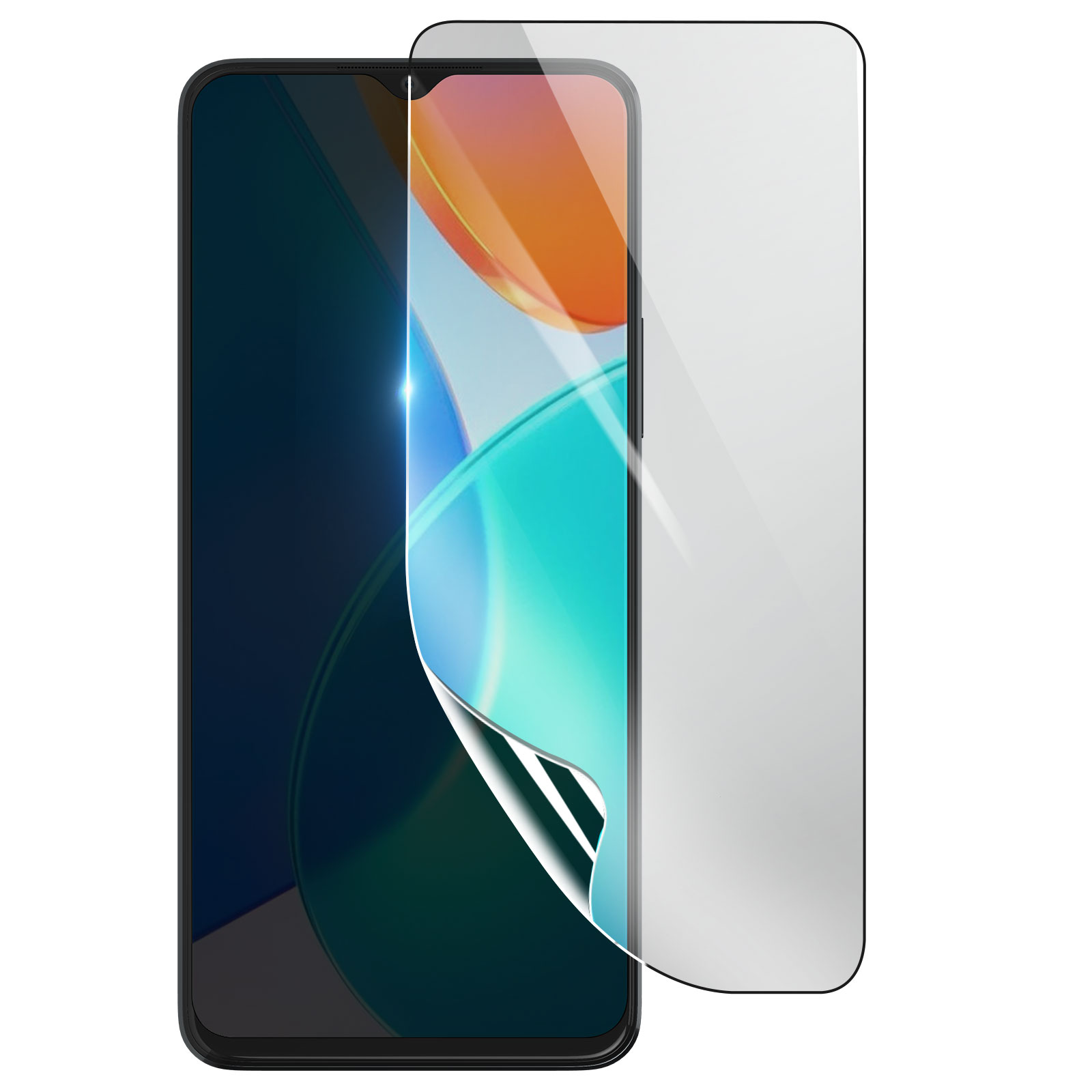 Un teléfono inteligente con un protector de pantalla que se despega. La pantalla muestra gráficos abstractos coloridos.