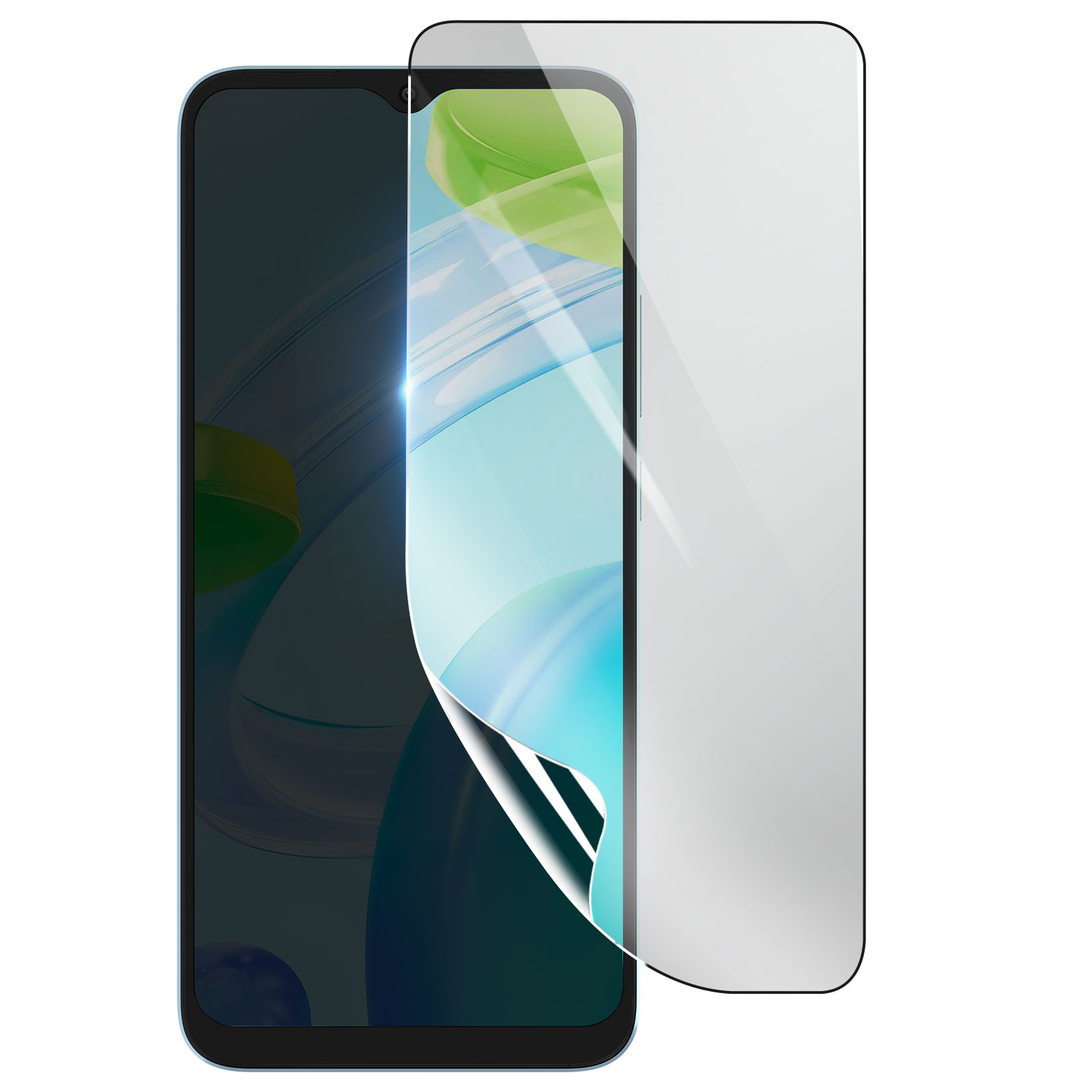 Uno smartphone con una protezione per lo schermo. La protezione è parzialmente staccata, rivelando lo schermo. Cornice del telefono blu e sfondo bianco.