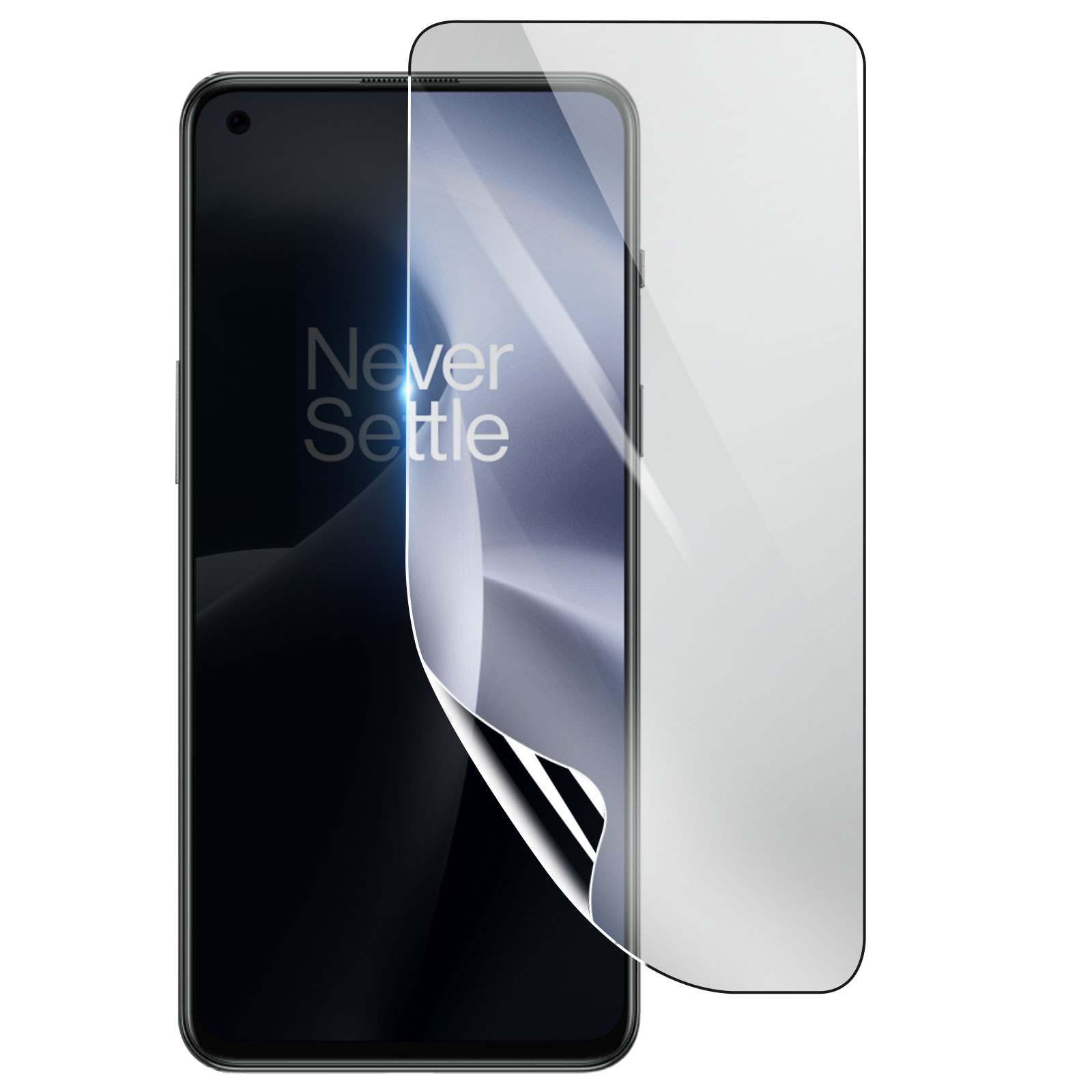 Uno smartphone con una protezione per lo schermo in fase di applicazione. Il telefono mostra 'Never Settle'. Sfondo bianco.