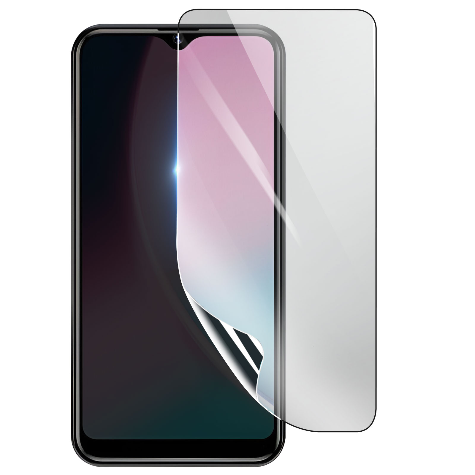 Uno smartphone nero con una protezione per lo schermo applicata. Protezione parzialmente staccata, sfondo bianco.