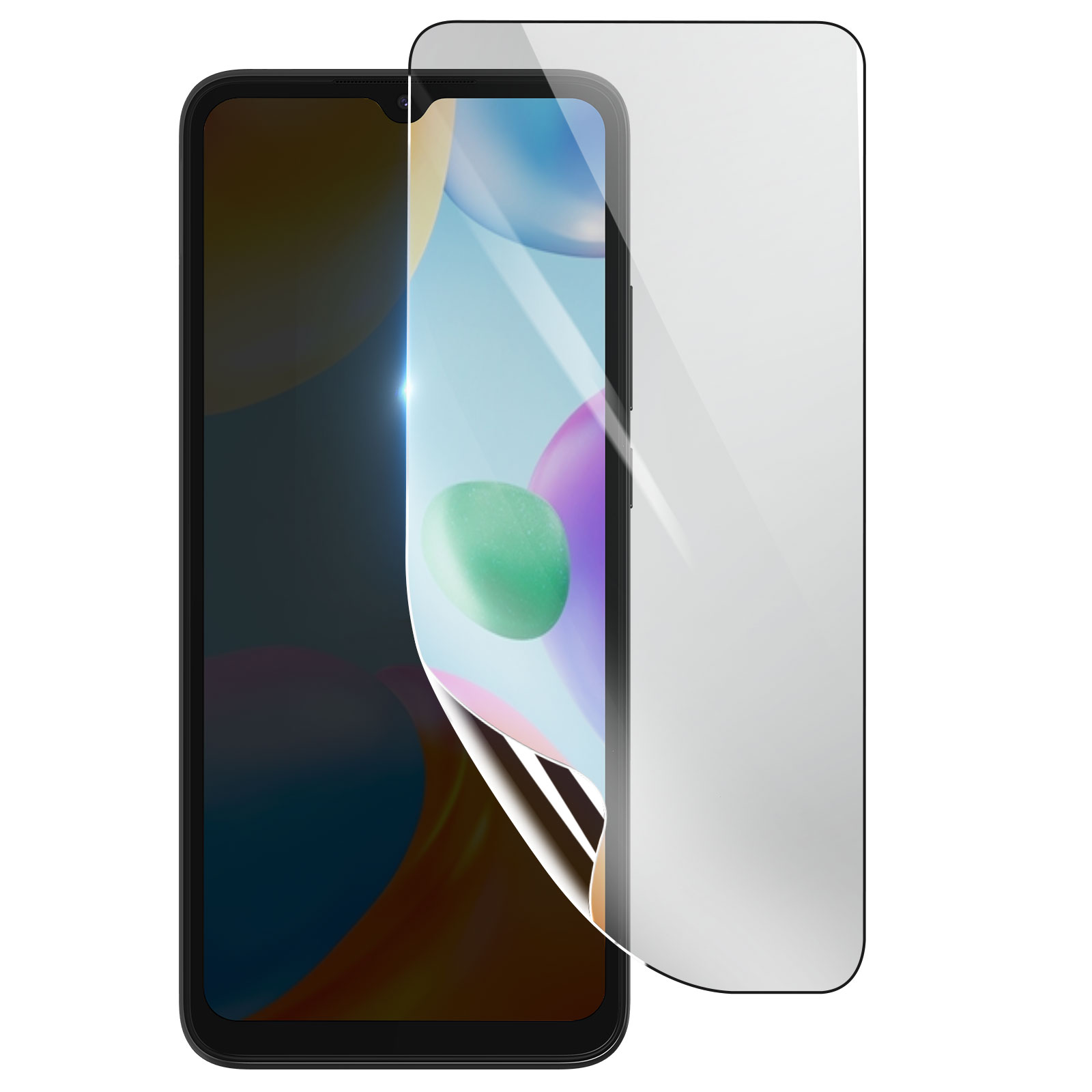 Uno smartphone con una protezione per lo schermo applicata. Il telefono è nero e lo schermo mostra forme colorate.
