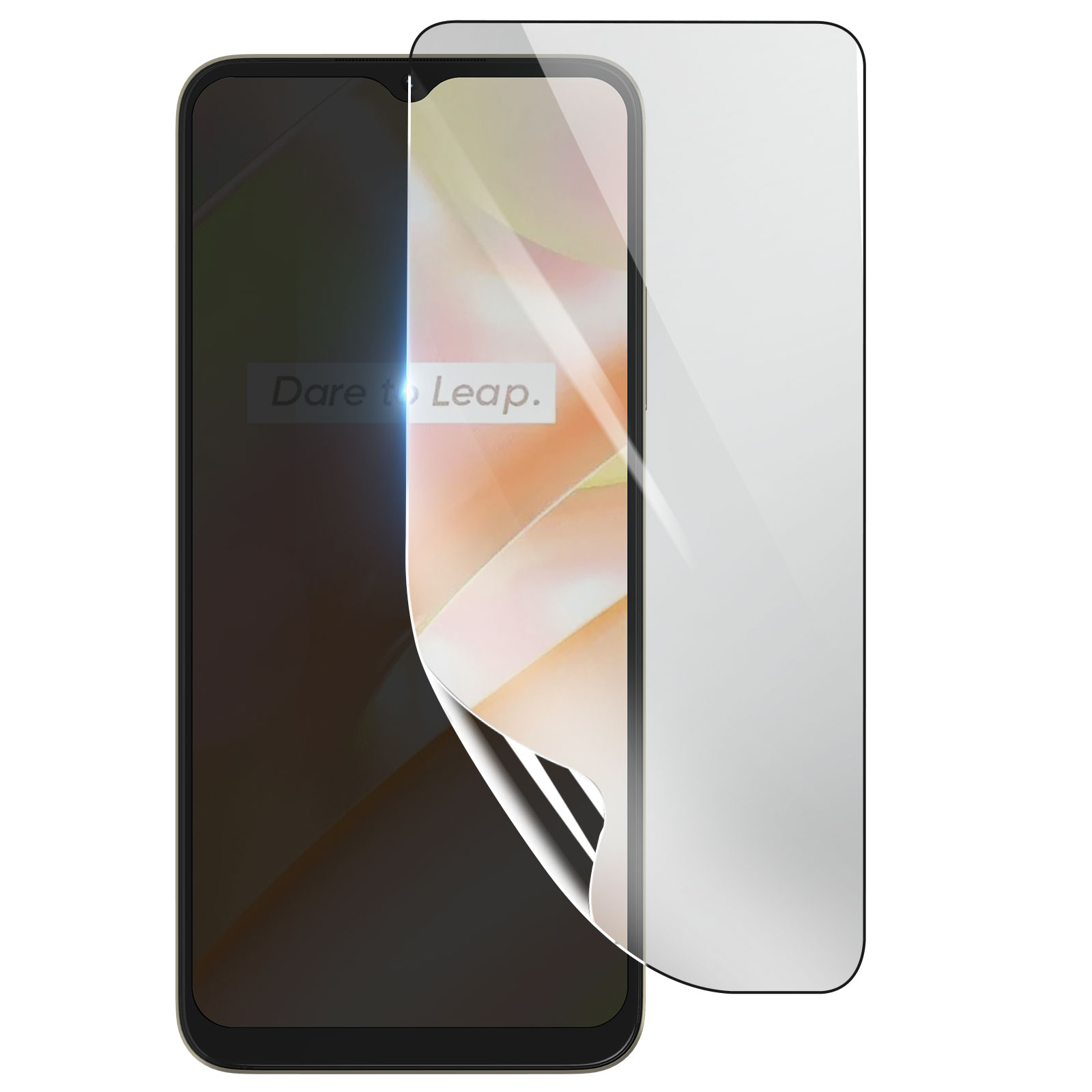 Uno smartphone con una protezione per lo schermo che si stacca. Il telefono è nero con la scritta "Dare to Leap". La protezione è trasparente.