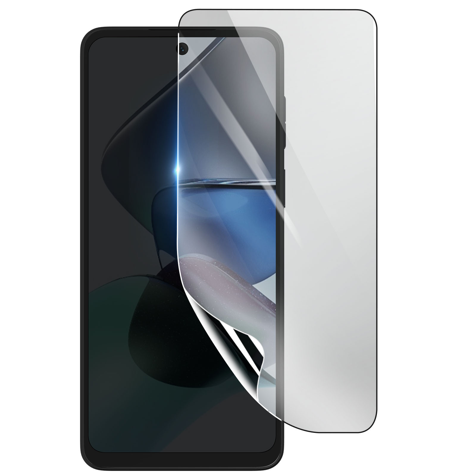 Uno smartphone con una protezione per lo schermo in fase di applicazione. La protezione è parzialmente staccata. Telefono nero e protezione schermo.