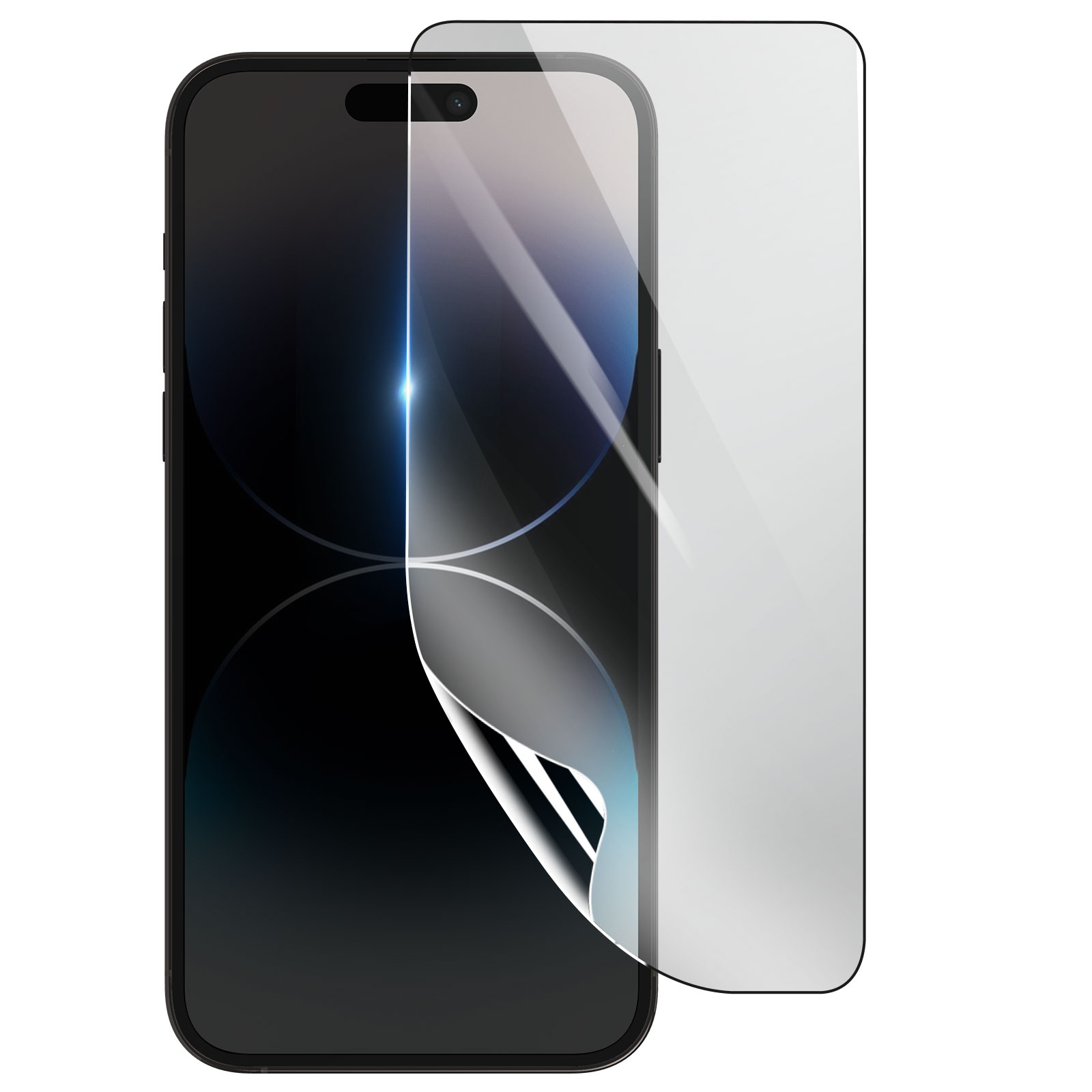 Uno smartphone nero con una protezione per lo schermo in fase di applicazione. La protezione è parzialmente staccata.