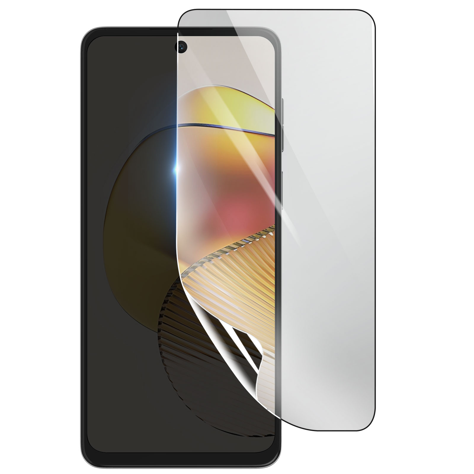 Uno smartphone con una protezione per lo schermo applicata. Il telefono è nero, la protezione è trasparente e la scena ha uno sfondo bianco.