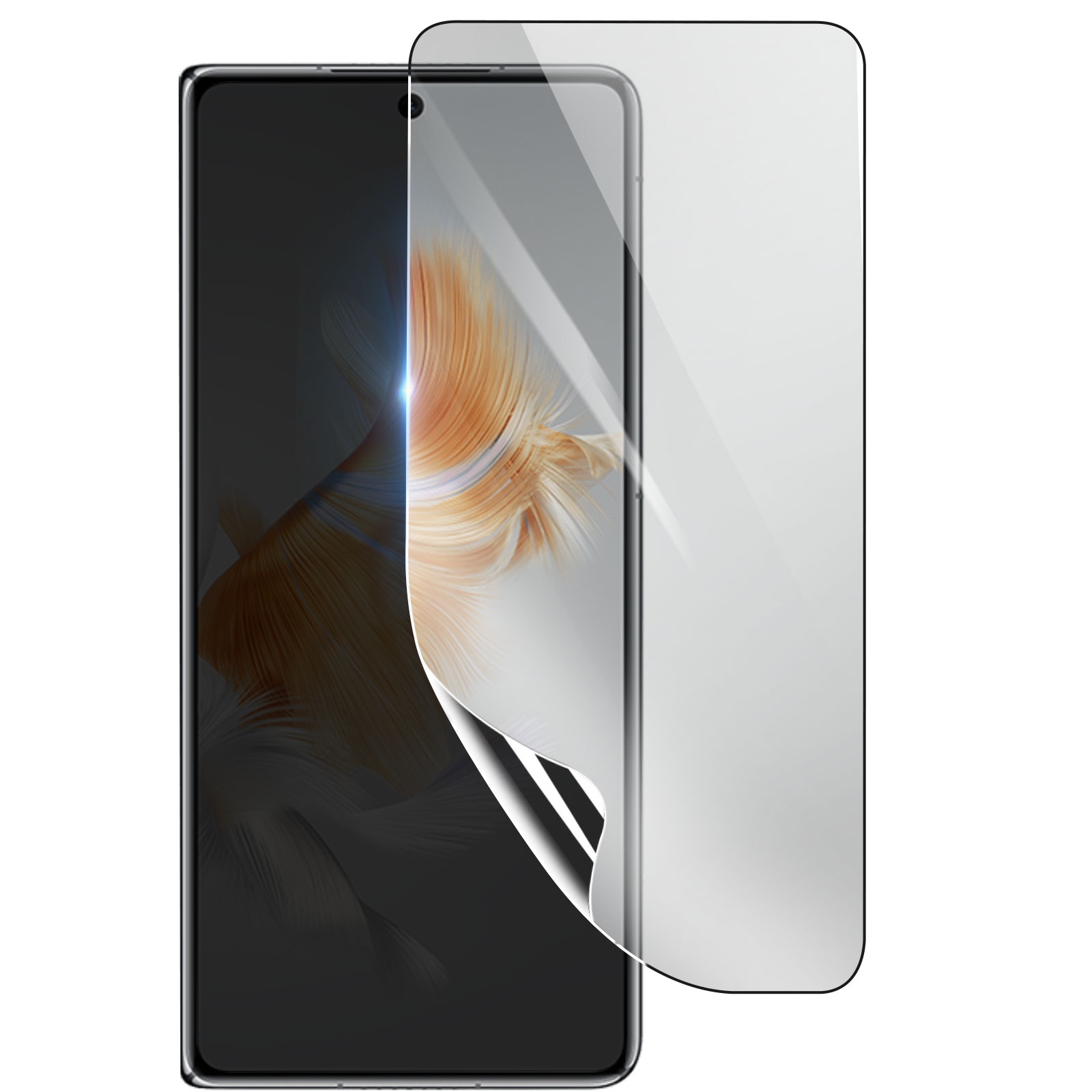 Uno smartphone con una protezione per lo schermo che si stacca. Il telefono è nero e la protezione trasparente. Sfondo bianco.