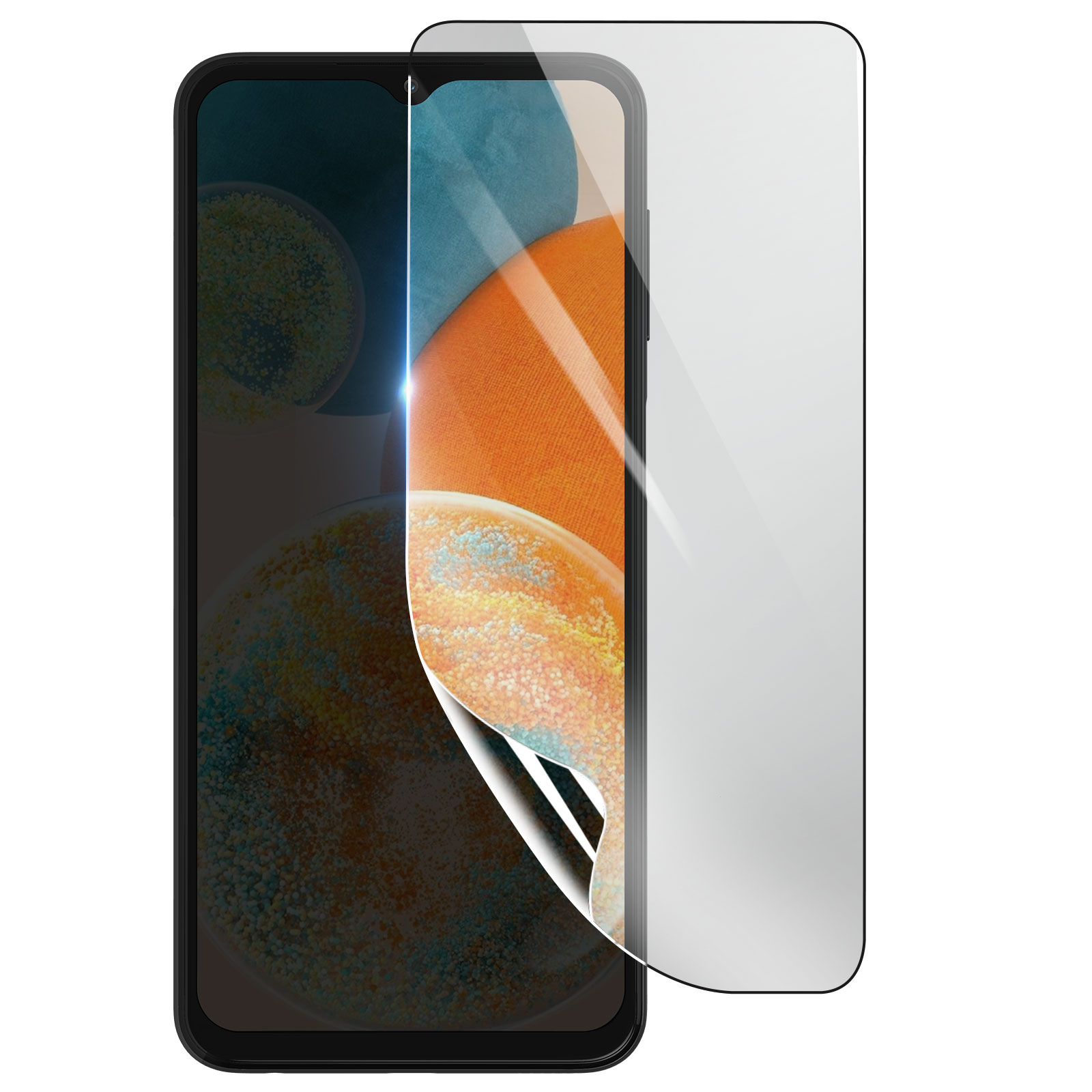 Uno smartphone con una protezione per lo schermo applicata. Lo schermo mostra un design astratto colorato. La protezione è parzialmente staccata.