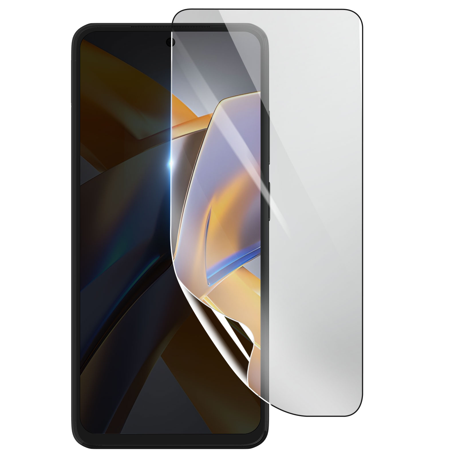 Uno smartphone con una protezione per lo schermo. La protezione è parzialmente staccata, rivelando lo schermo.