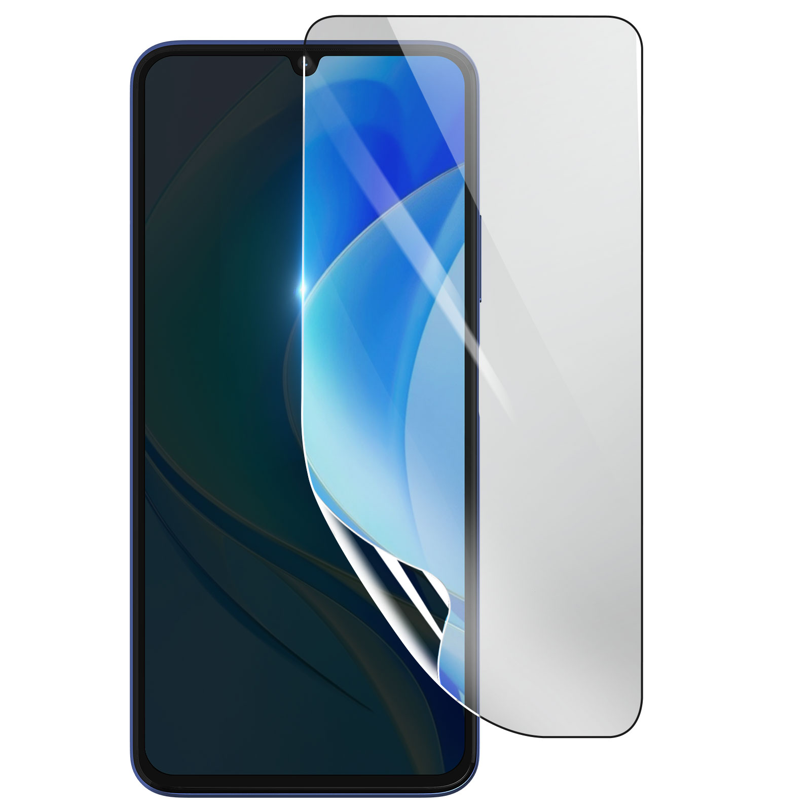 Un telefono blu con una protezione per lo schermo in applicazione. Lo schermo mostra un design blu e bianco.