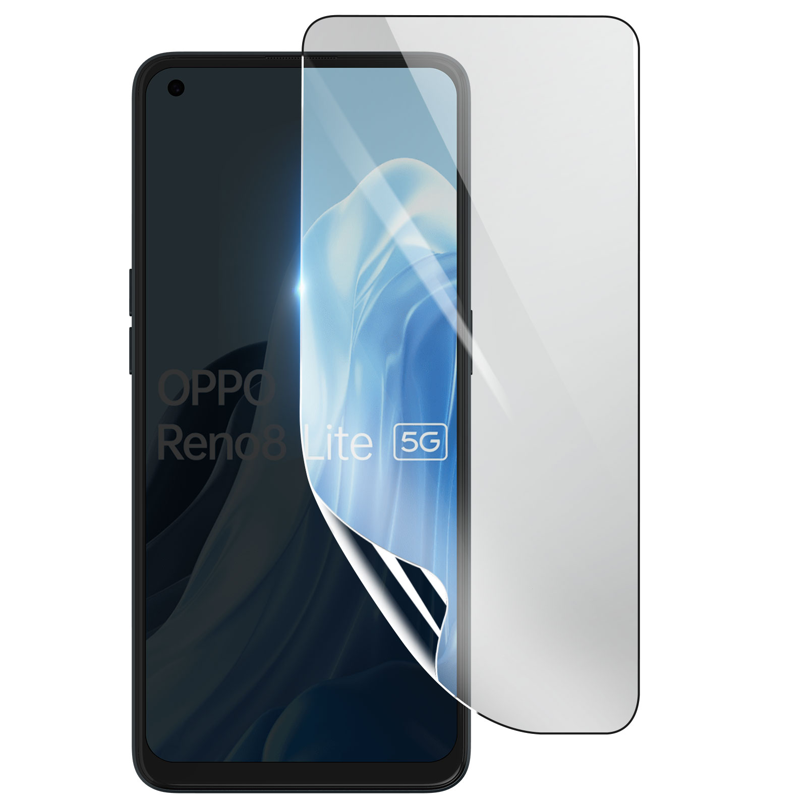 Un telefono OPPO Reno8 Lite 5G con una protezione per lo schermo applicata. La protezione è parzialmente staccata, mostrando lo schermo.