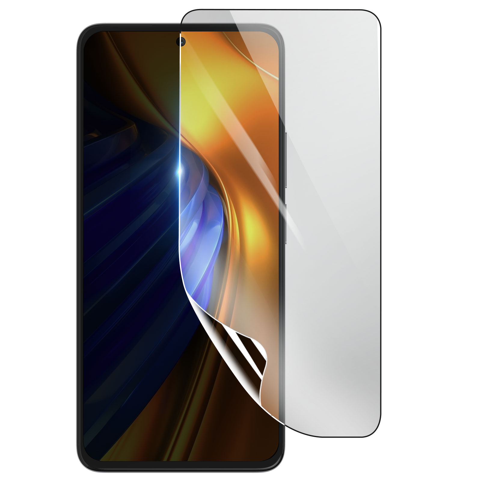 Uno smartphone con una protezione schermo parzialmente staccata. Lo schermo mostra un design astratto colorato.