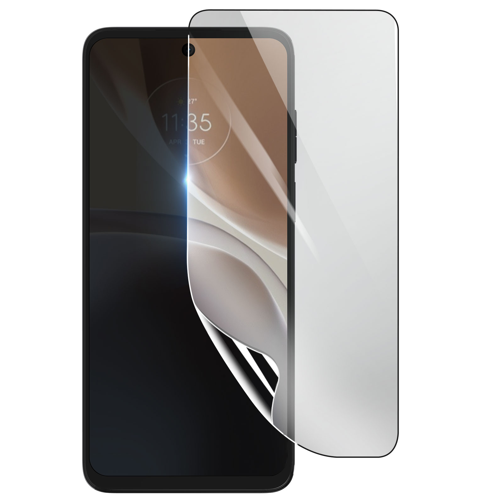 Smartphone con protezione schermo applicata. La protezione è parzialmente staccata, rivelando lo schermo del telefono.