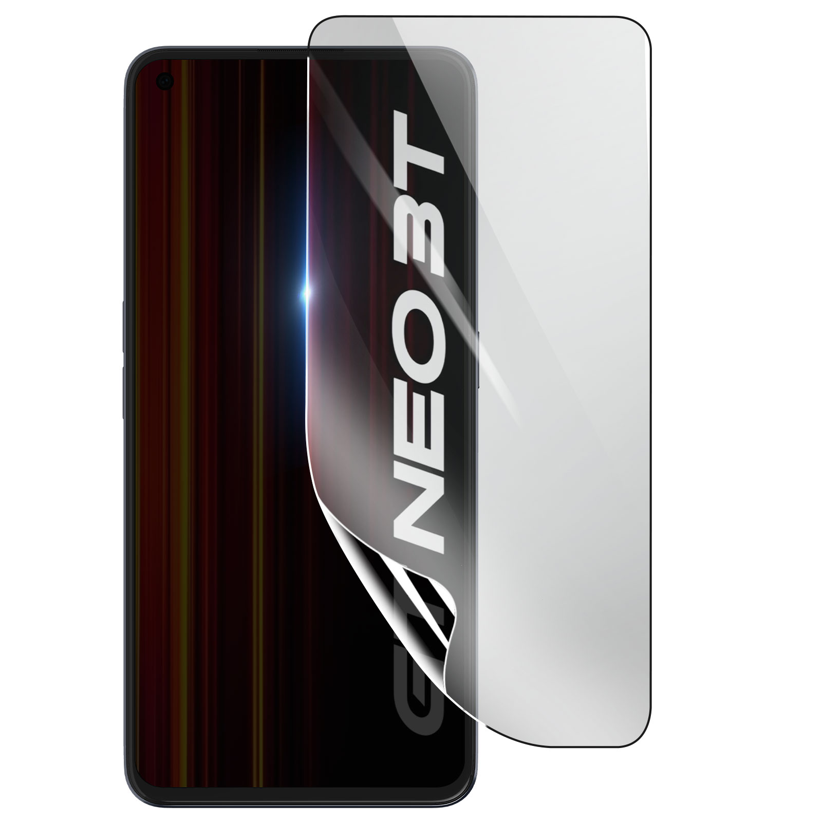 Uno smartphone con una protezione per lo schermo che si sta staccando. Lo schermo mostra la parola 'NEO3T'.