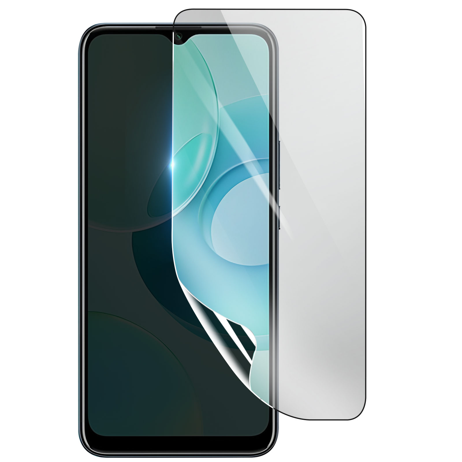Uno smartphone nero con protezione schermo. Lo schermo mostra un design azzurro. La protezione è parzialmente staccata.