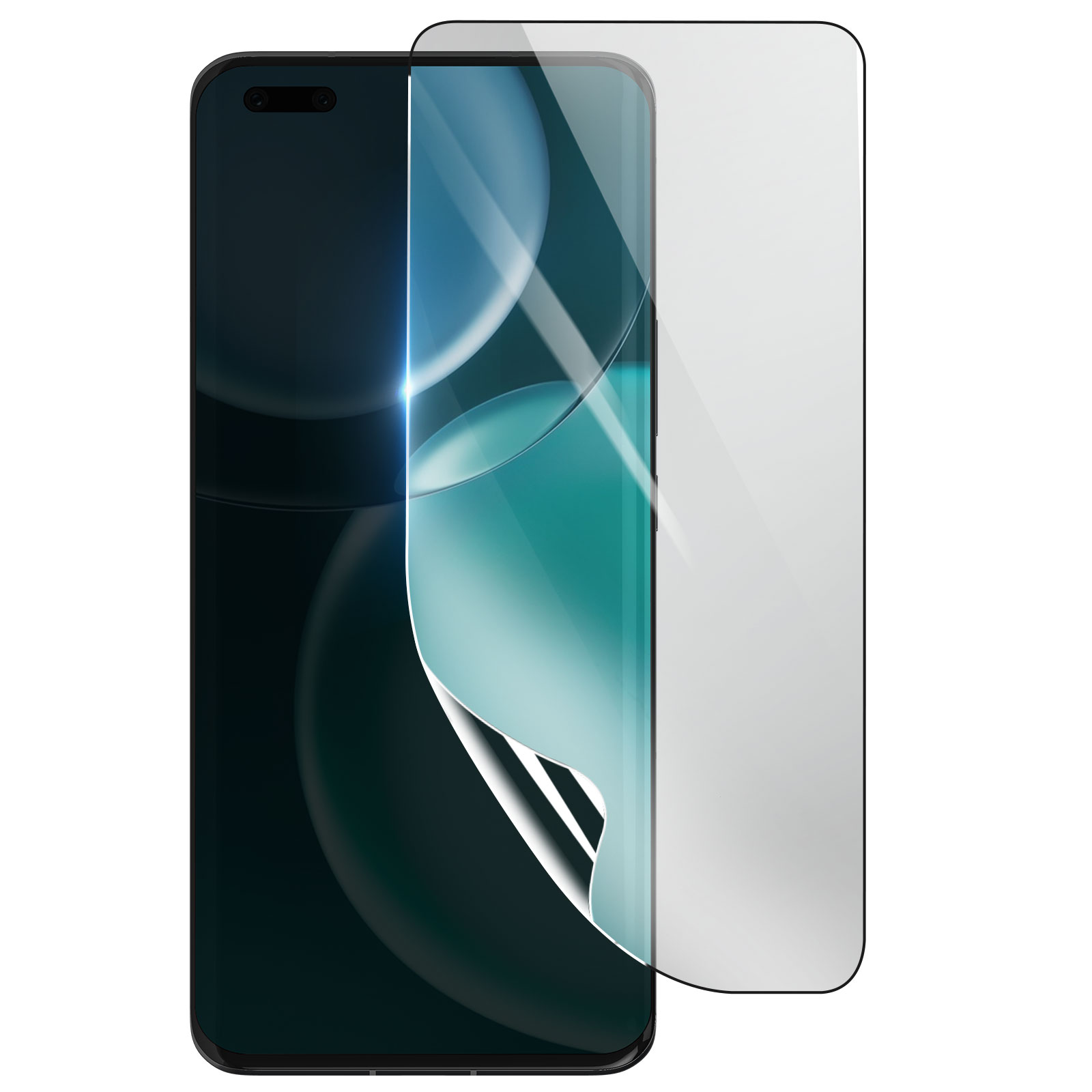 Uno smartphone con protezione schermo. Il telefono è nero, con schermo curvo. La protezione è trasparente.